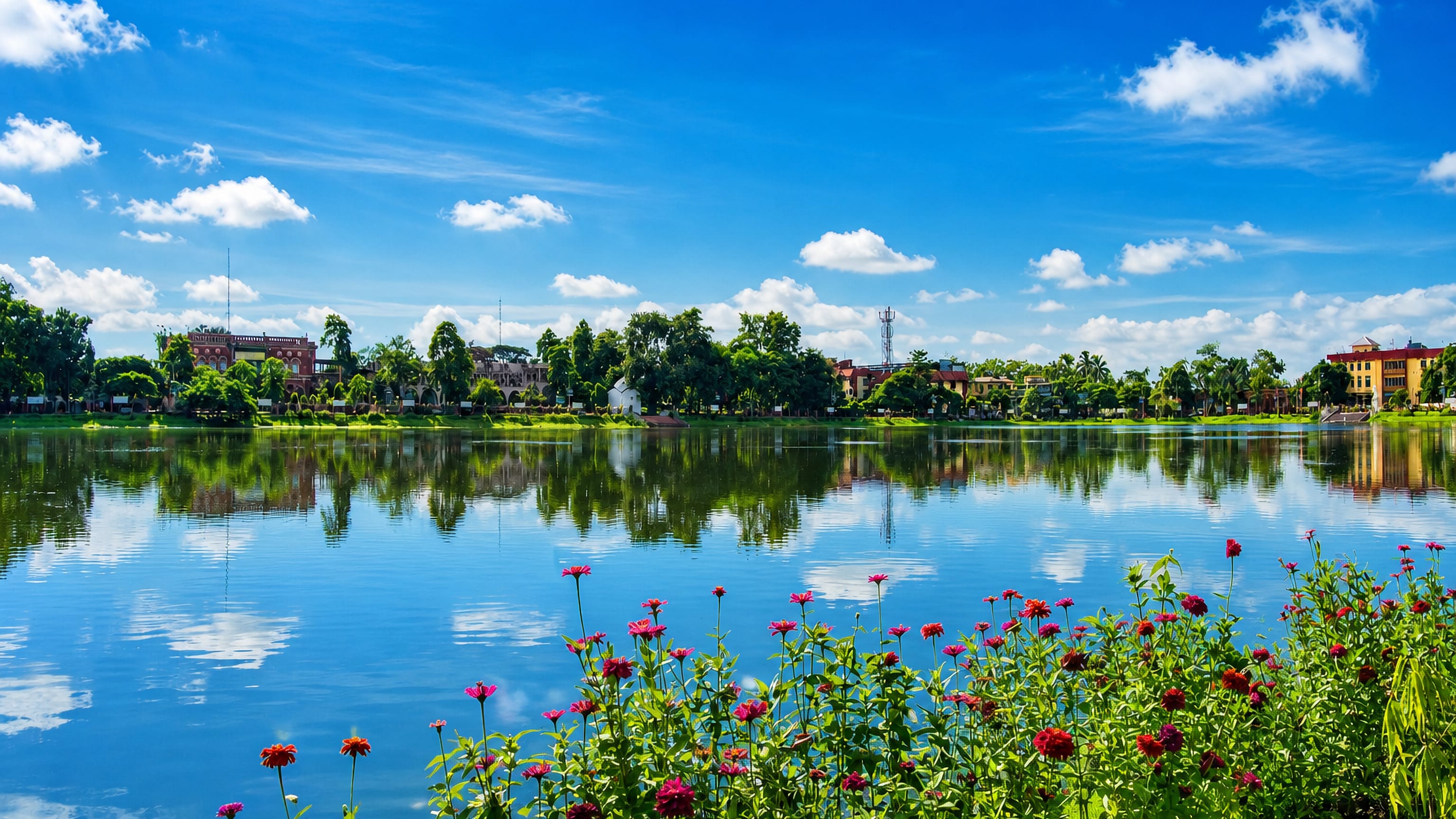 Sagar Dighi lake in Koch Bihar, West Bengal, reflecting the tree-lined town front, with zinnias in the foreground.