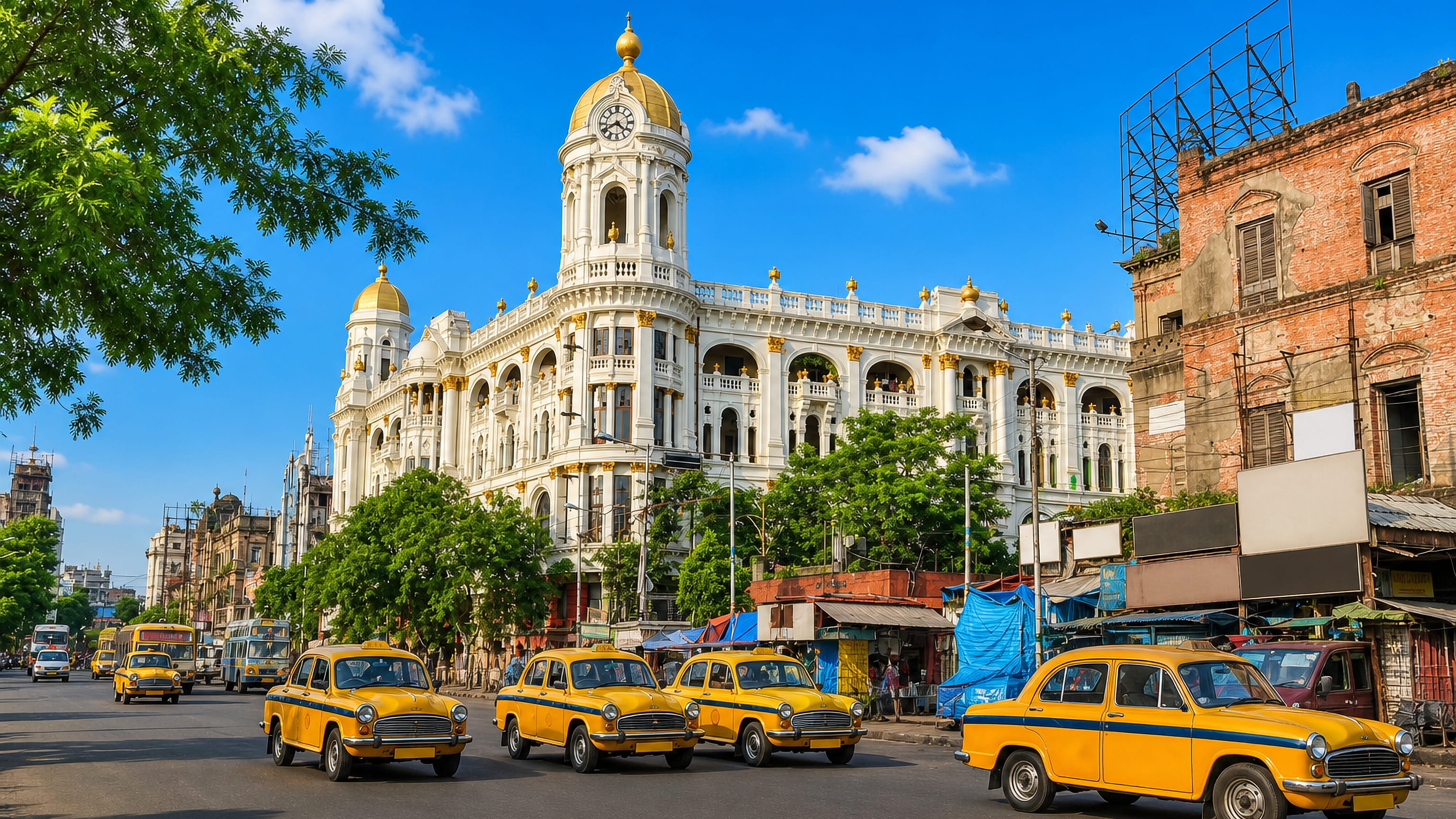 Yellow Ambassador taxis outside the domed Metropolitan Building at Esplanade, Kolkata, India.
