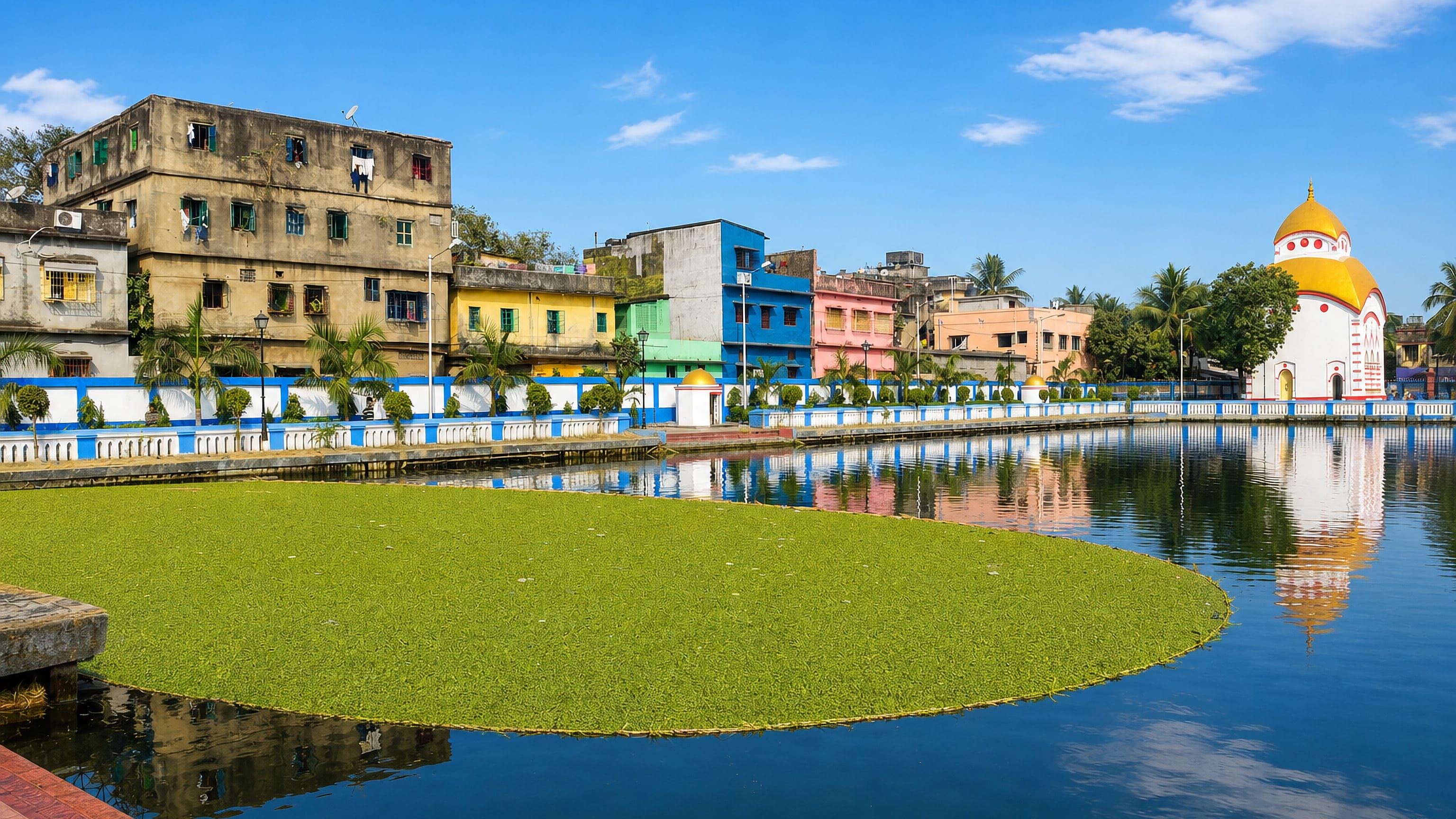 Colourful houses and a domed temple around a green water tank in Kidderpore, Kolkata.