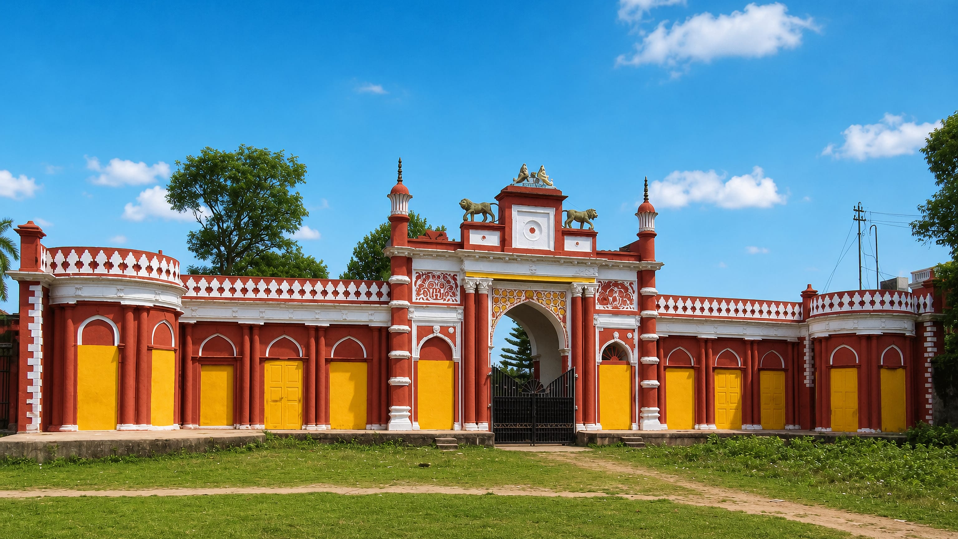 The red-and-white arched gateway of the Rajbari palace at Krishnanagar, West Bengal.