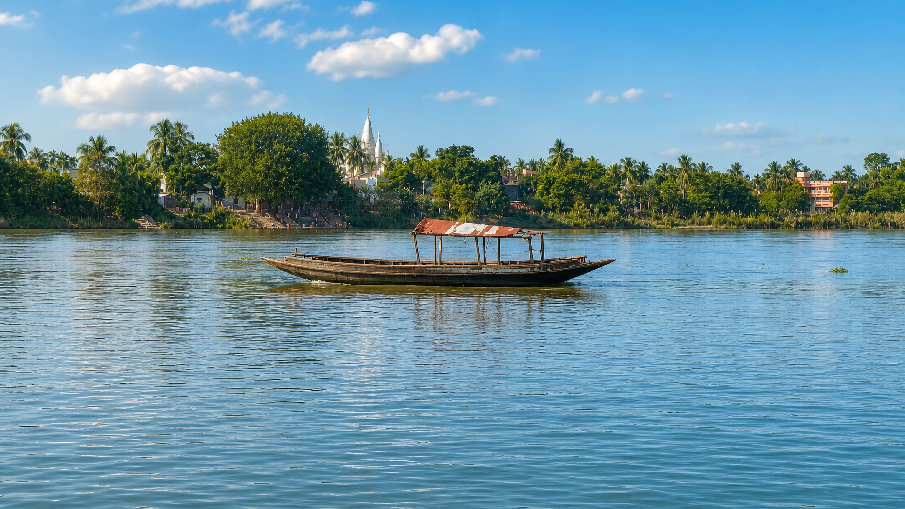A wooden boat on the river at Navadwip, West Bengal, with temple spires and palms along the far bank.