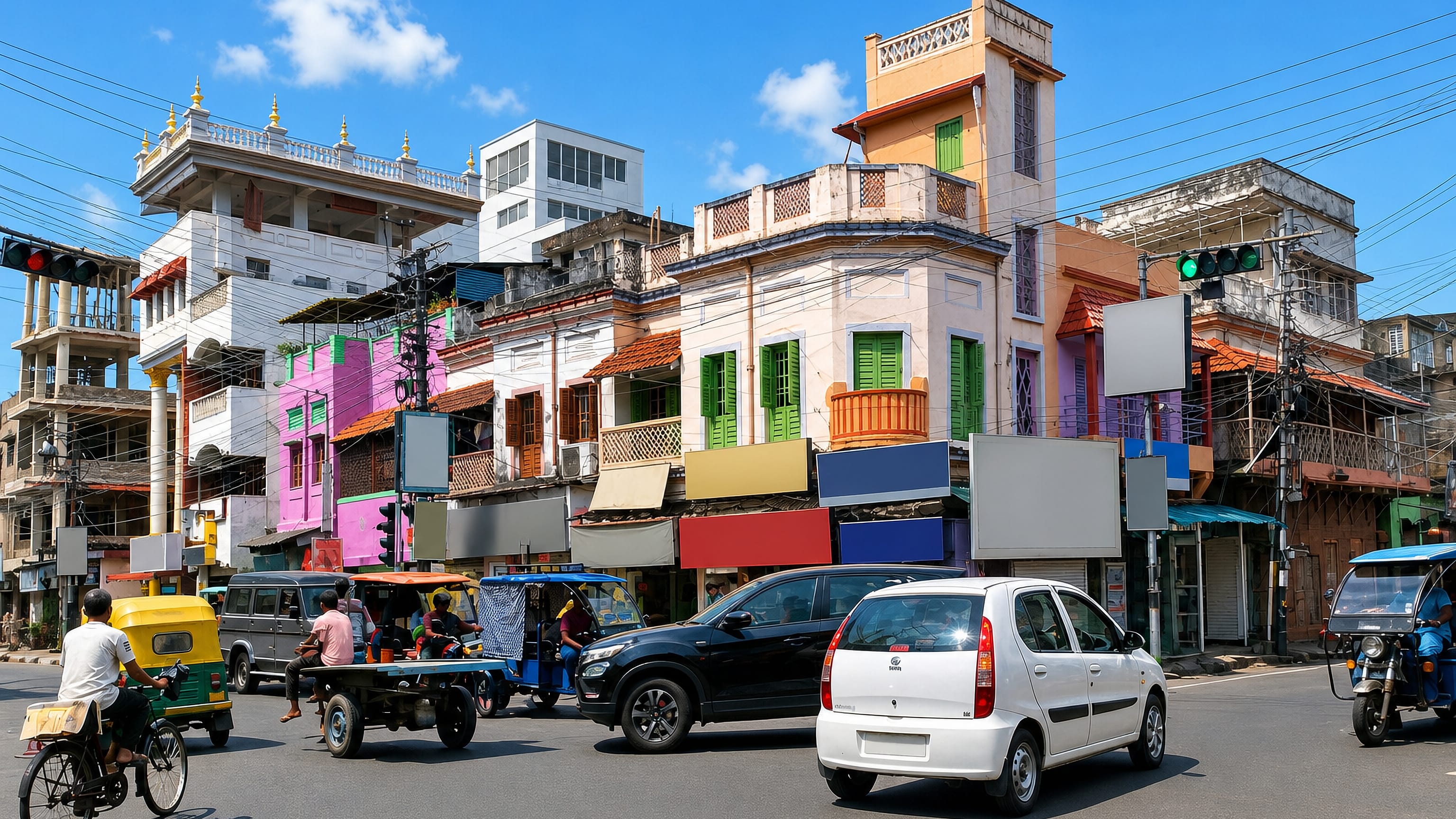 Busy colour-washed street junction in Shrirampur, West Bengal, with auto-rickshaws and colonial-era shopfronts