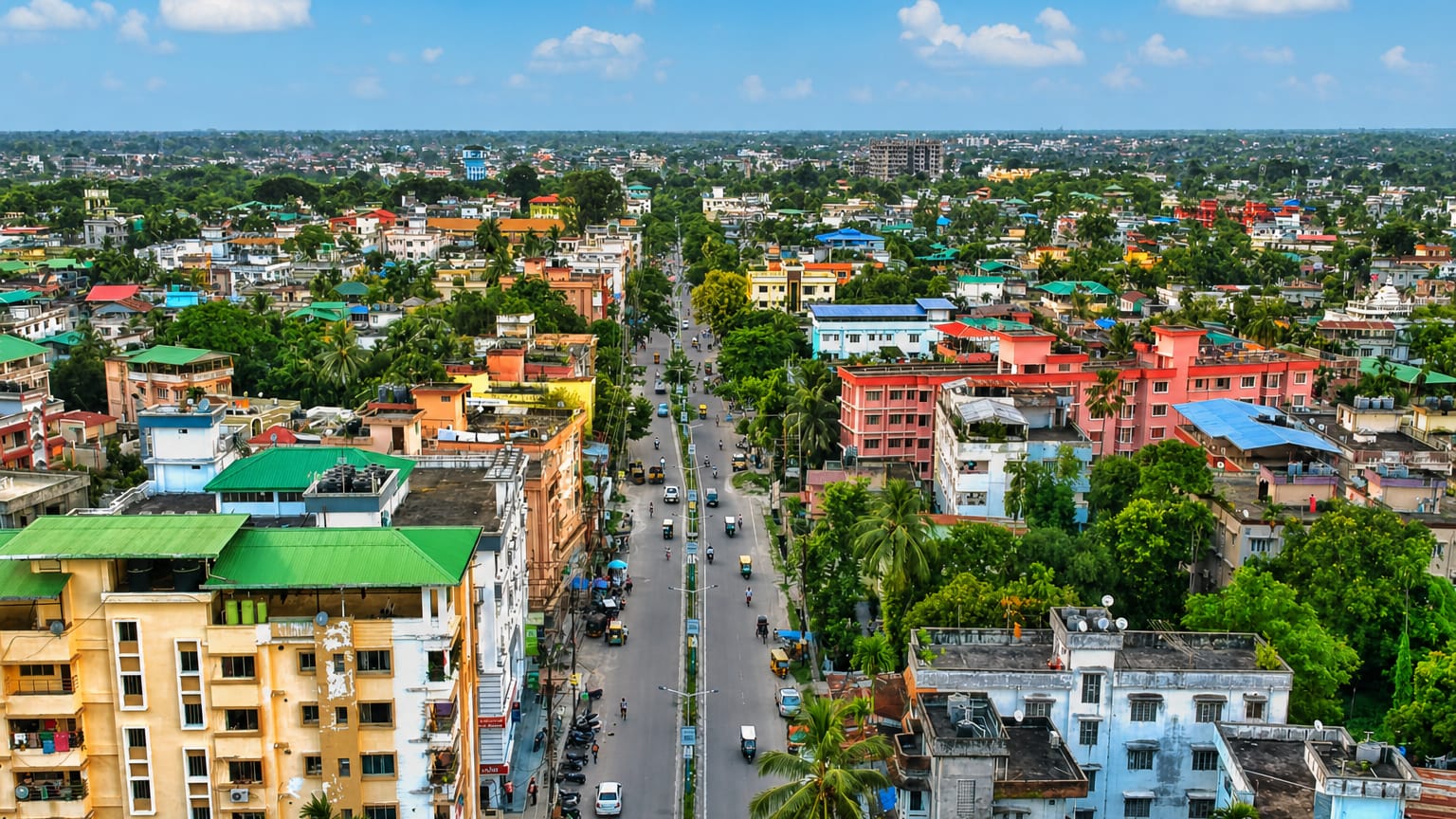 Aerial view of a Siliguri street lined with colourful buildings and palm trees