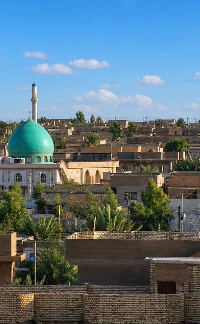 Green-domed mosque and minaret above the low sand-brick rooftops and palms of Fallujah, Iraq.