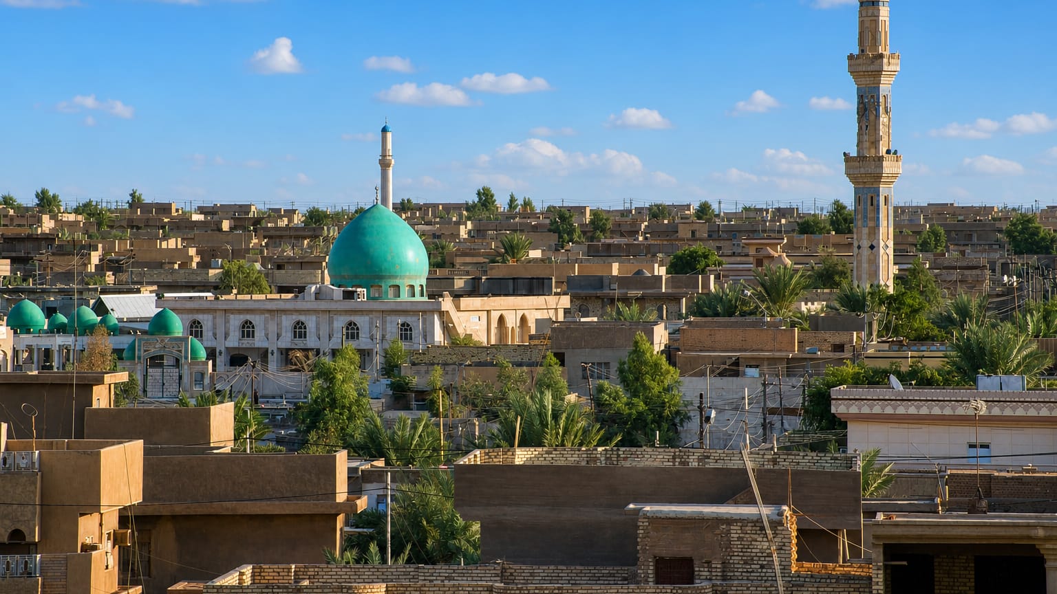 Green-domed mosque and minaret above the low sand-brick rooftops and palms of Fallujah, Iraq.
