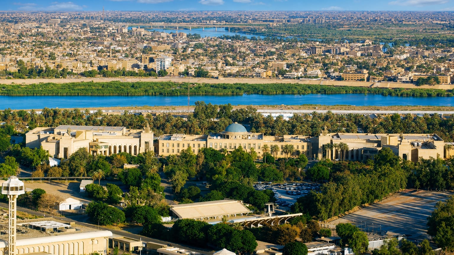 Aerial view of Baghdad with the Tigris River curving past green banks and a sprawling low-rise city under clear skies