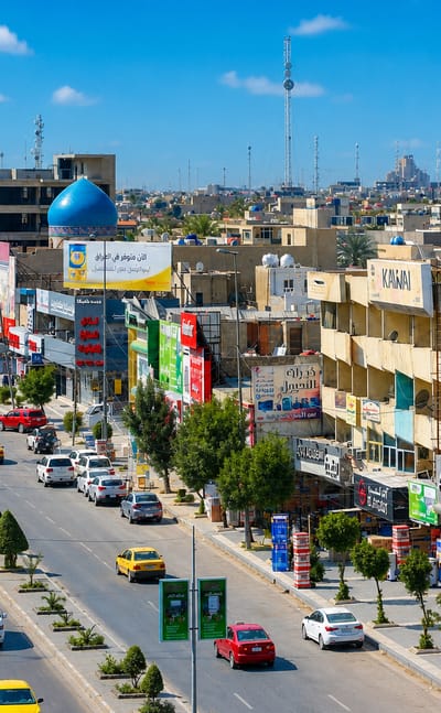 Busy commercial avenue lined with shops, signage and a blue-domed building in Baghdad's Karrada district