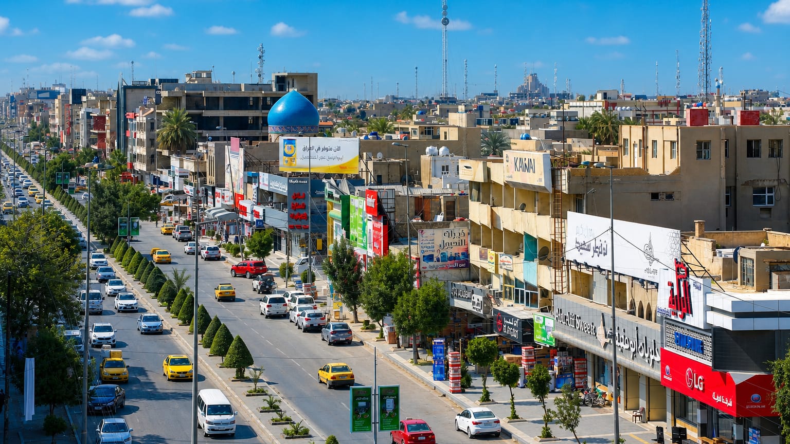 Busy commercial avenue lined with shops, signage and a blue-domed building in Baghdad's Karrada district