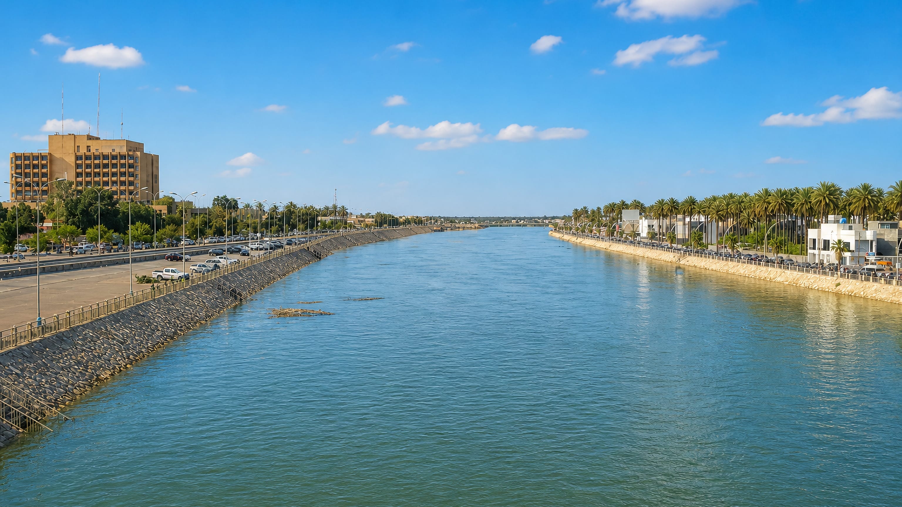 Palm-lined riverside corniche and roadway along the water in Baqubah, Iraq.