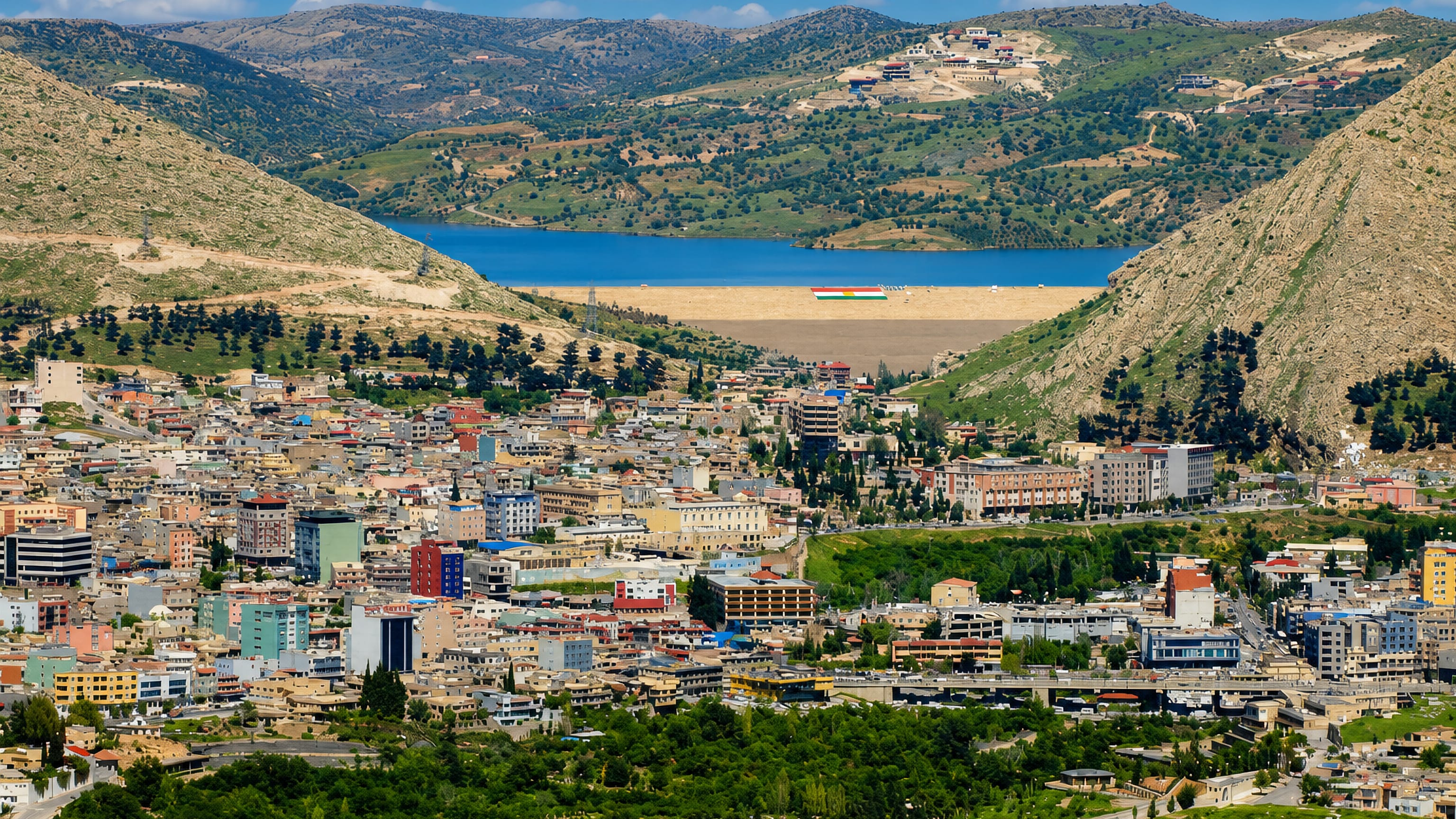 Duhok filling the valley below its dam and reservoir, ringed by the Kurdistan mountains, northern Iraq.