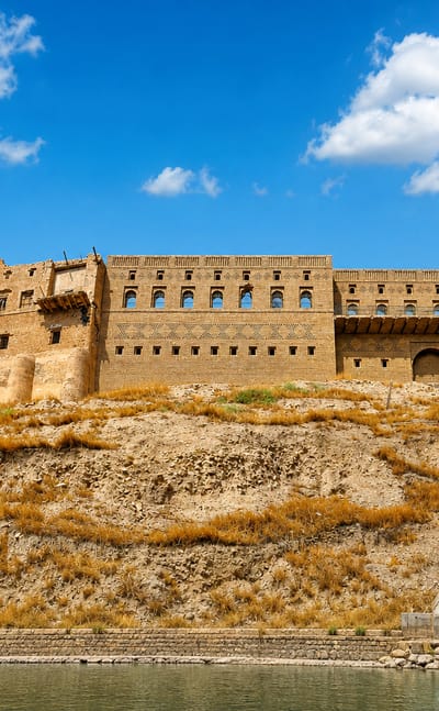 The mudbrick Erbil Citadel atop its ancient tell mound under a blue sky