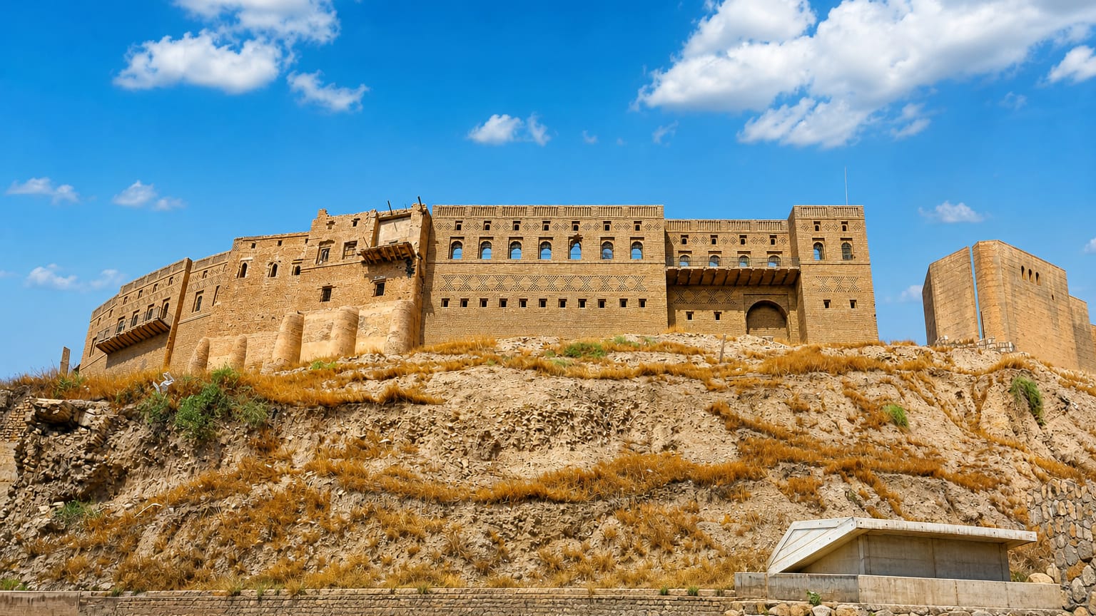 The mudbrick Erbil Citadel atop its ancient tell mound under a blue sky