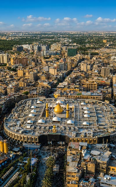 Aerial of the golden-domed Imam Husayn Shrine amid the dense city of Karbala, Iraq