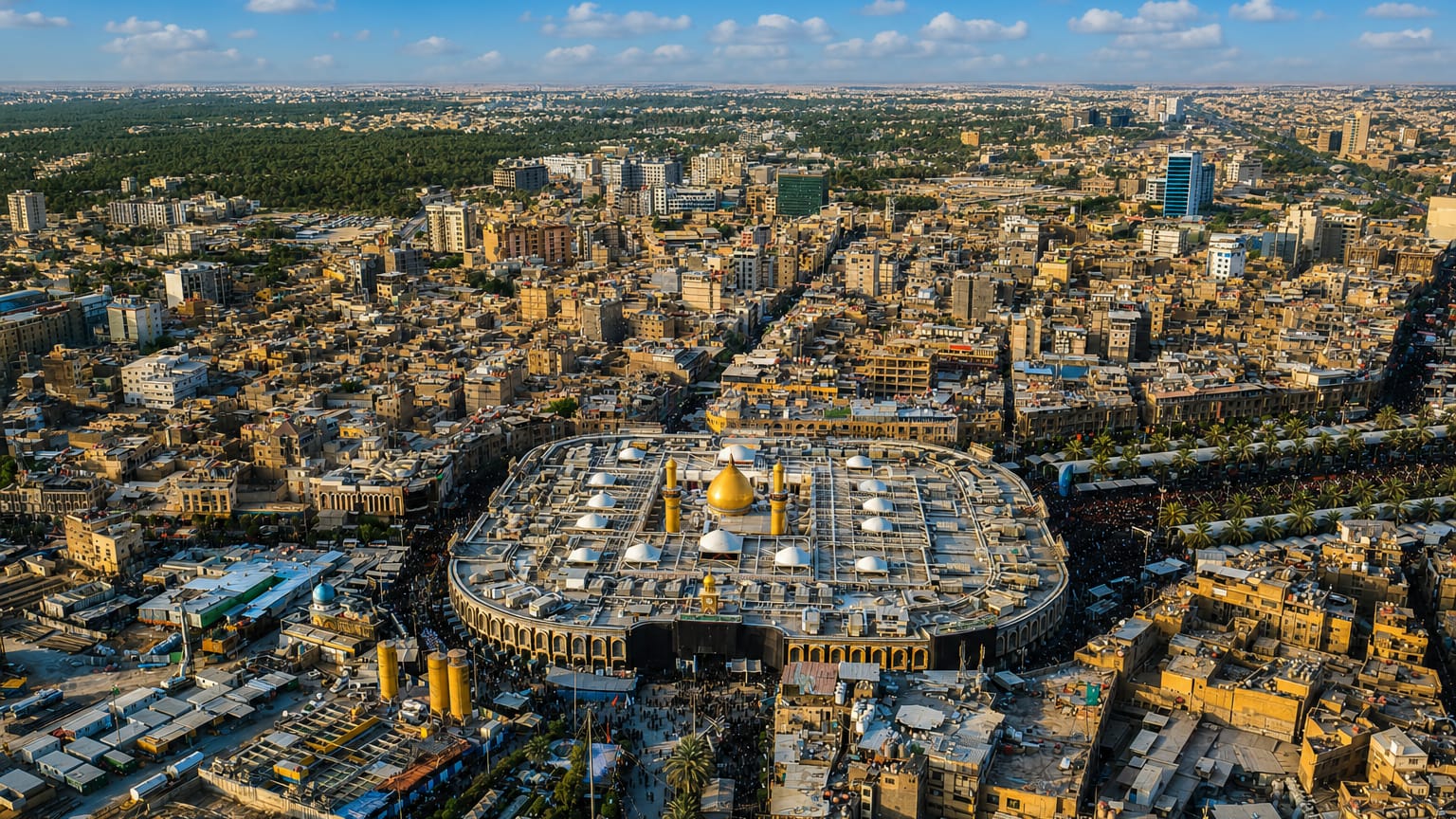 Aerial of the golden-domed Imam Husayn Shrine amid the dense city of Karbala, Iraq