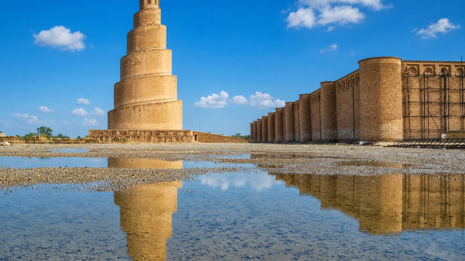 The Great Mosque of Samarra with its spiral Malwiya minaret and outer wall reflected in water, Iraq.