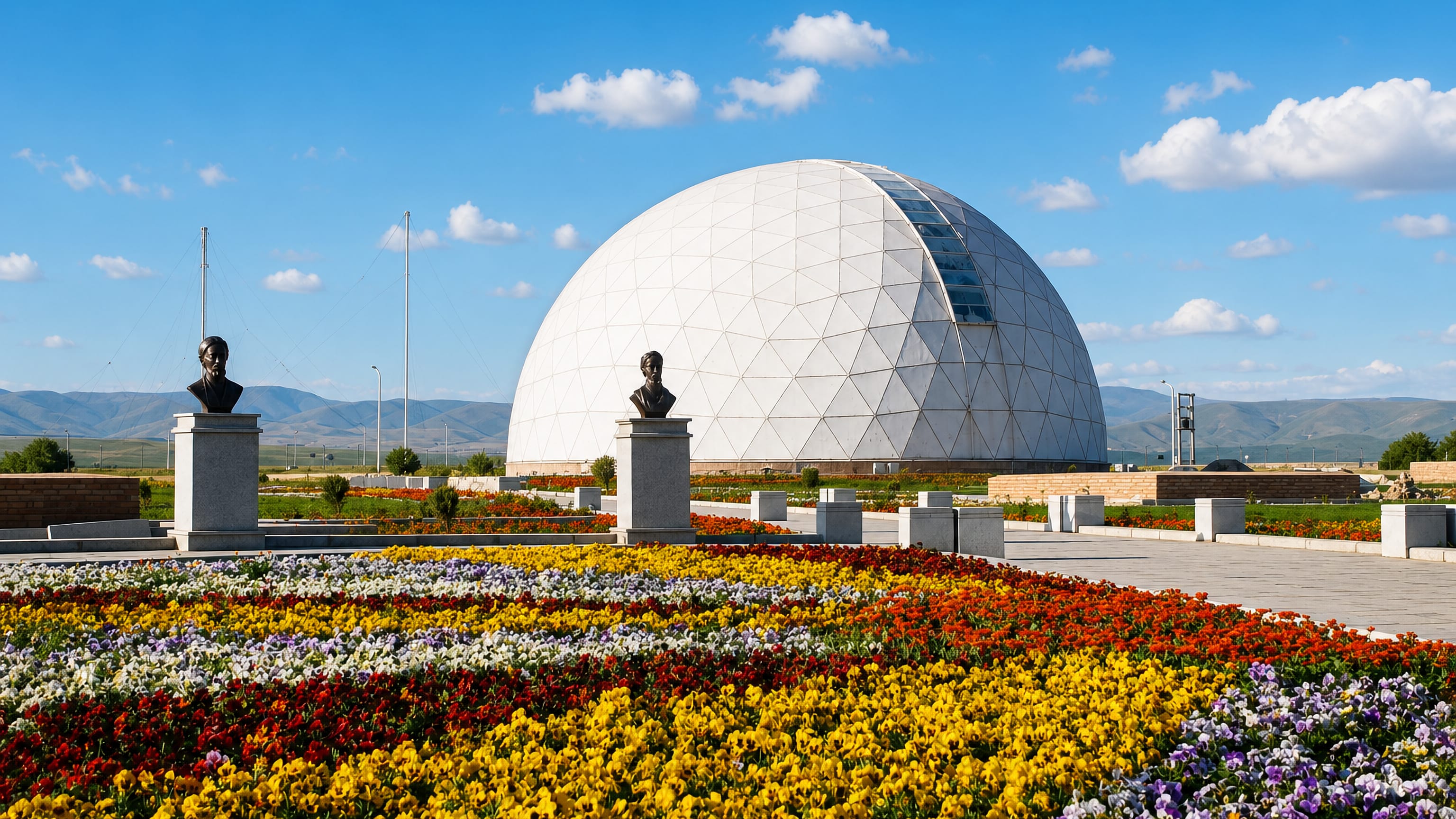 White geodesic dome sheltering the historic observatory at Maragheh, Iran, behind bright flower beds.