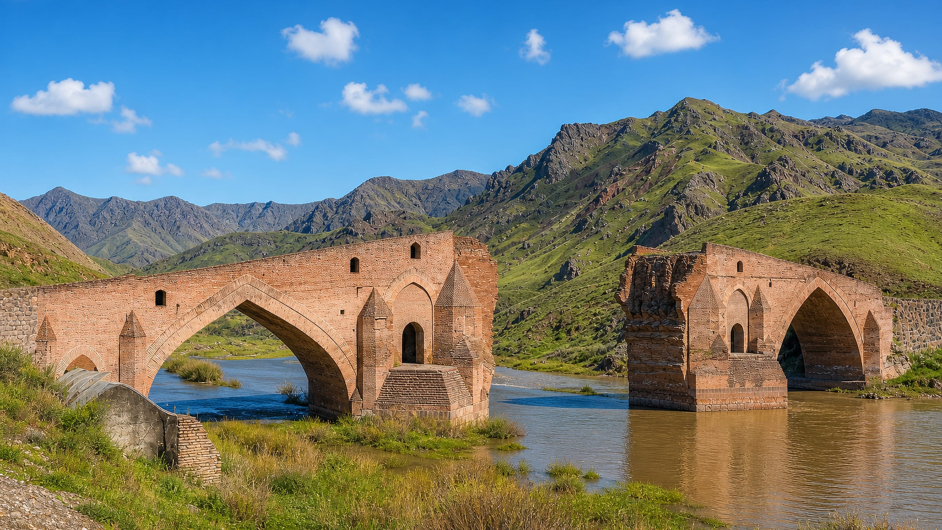 The ruined brick arches of the historic Qezel Ozan bridge near Mianeh, Iran, below green hills.