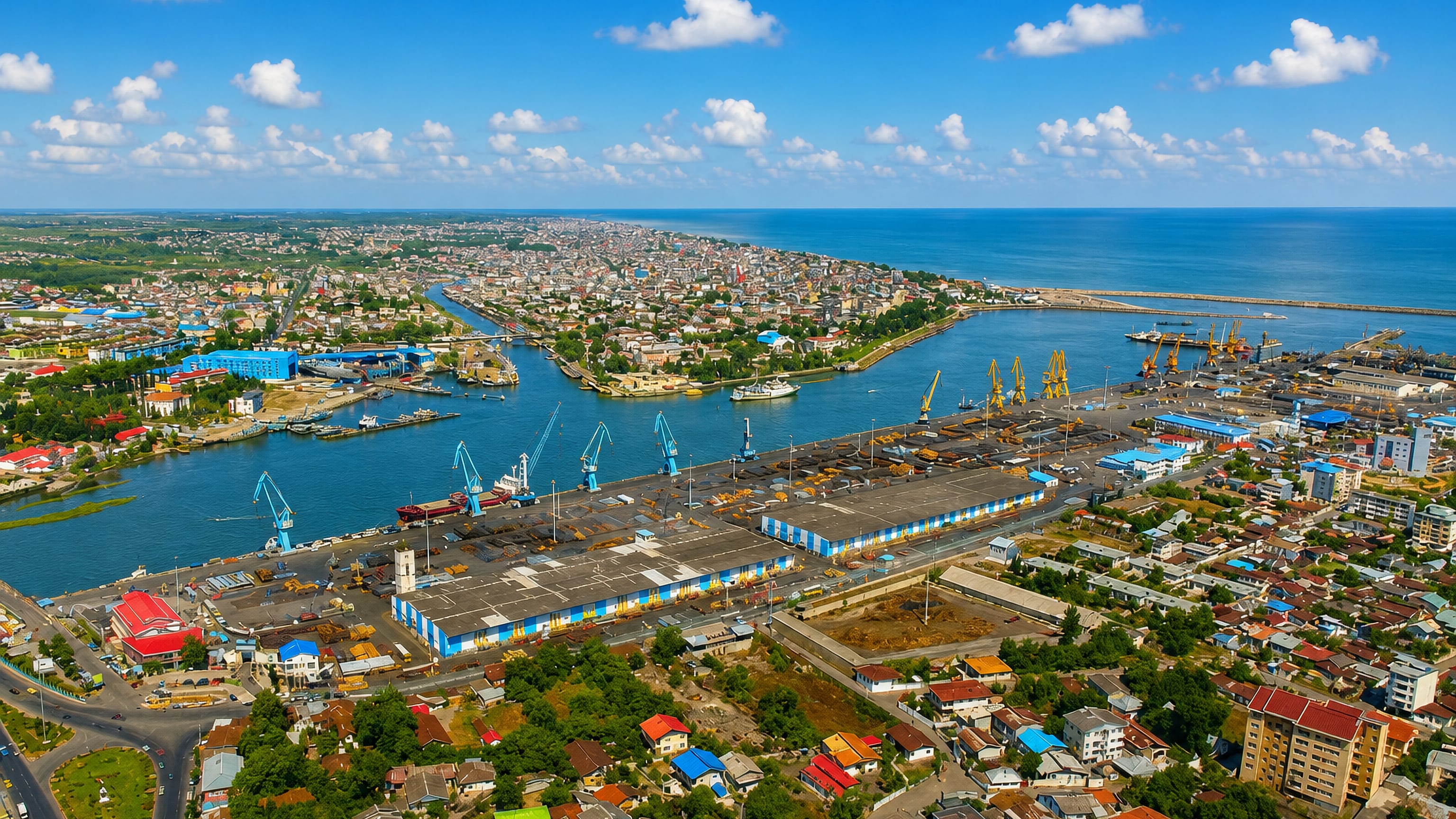 Aerial view of Bandar-e Anzali, Iran, where the port channel meets the Caspian Sea beside the lagoon.