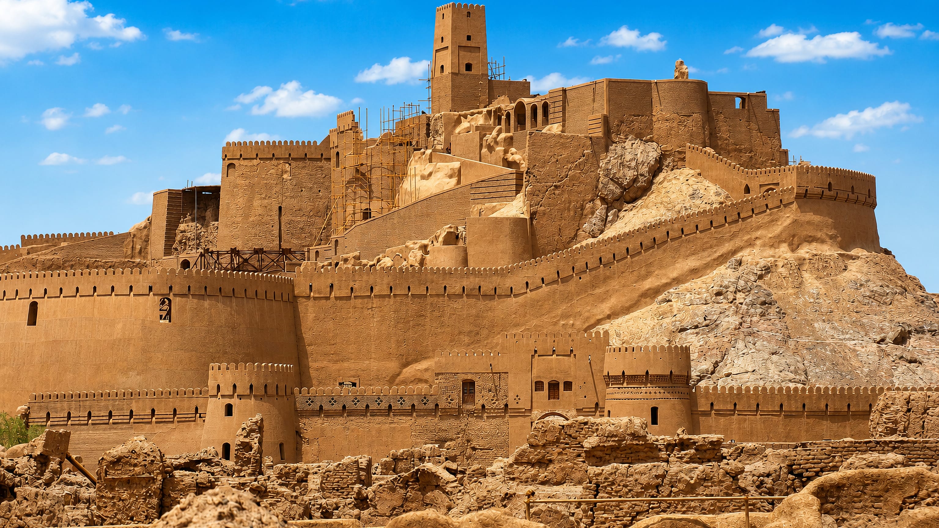 Mud-brick walls and towers of the Arg-e Bam citadel rising above Bam, Iran, under a blue sky.