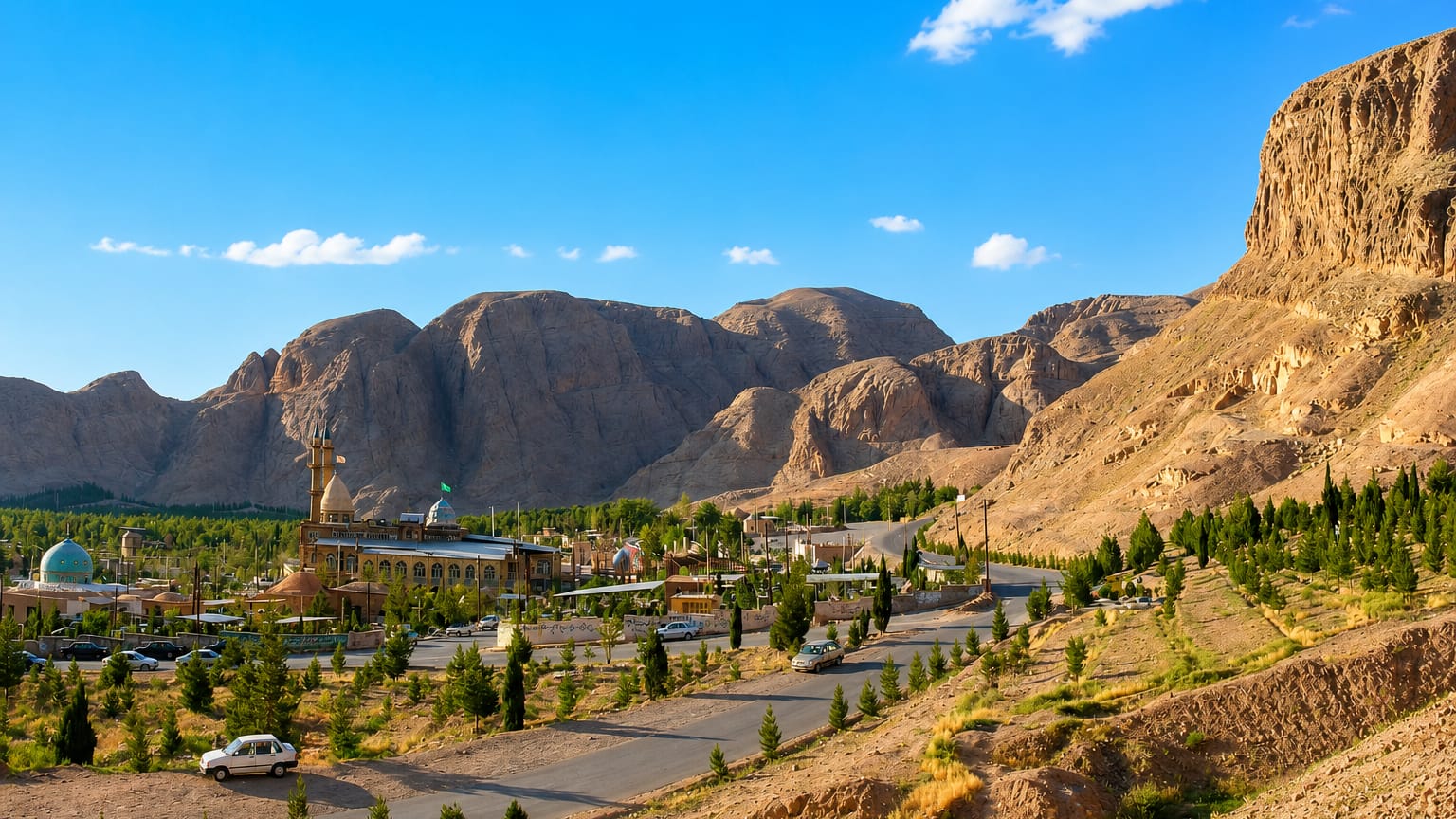 Kerman's desert edge with a blue-domed mosque and minaret below rugged bare mountains and cypress trees