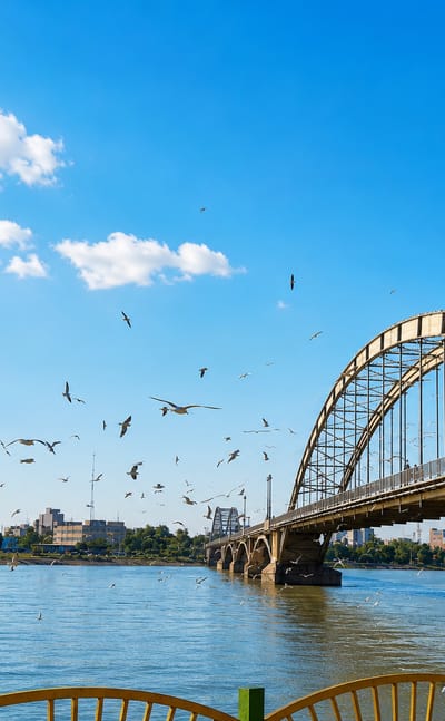 Ahvaz's white arched bridge over the Karun River with birds wheeling above the water.