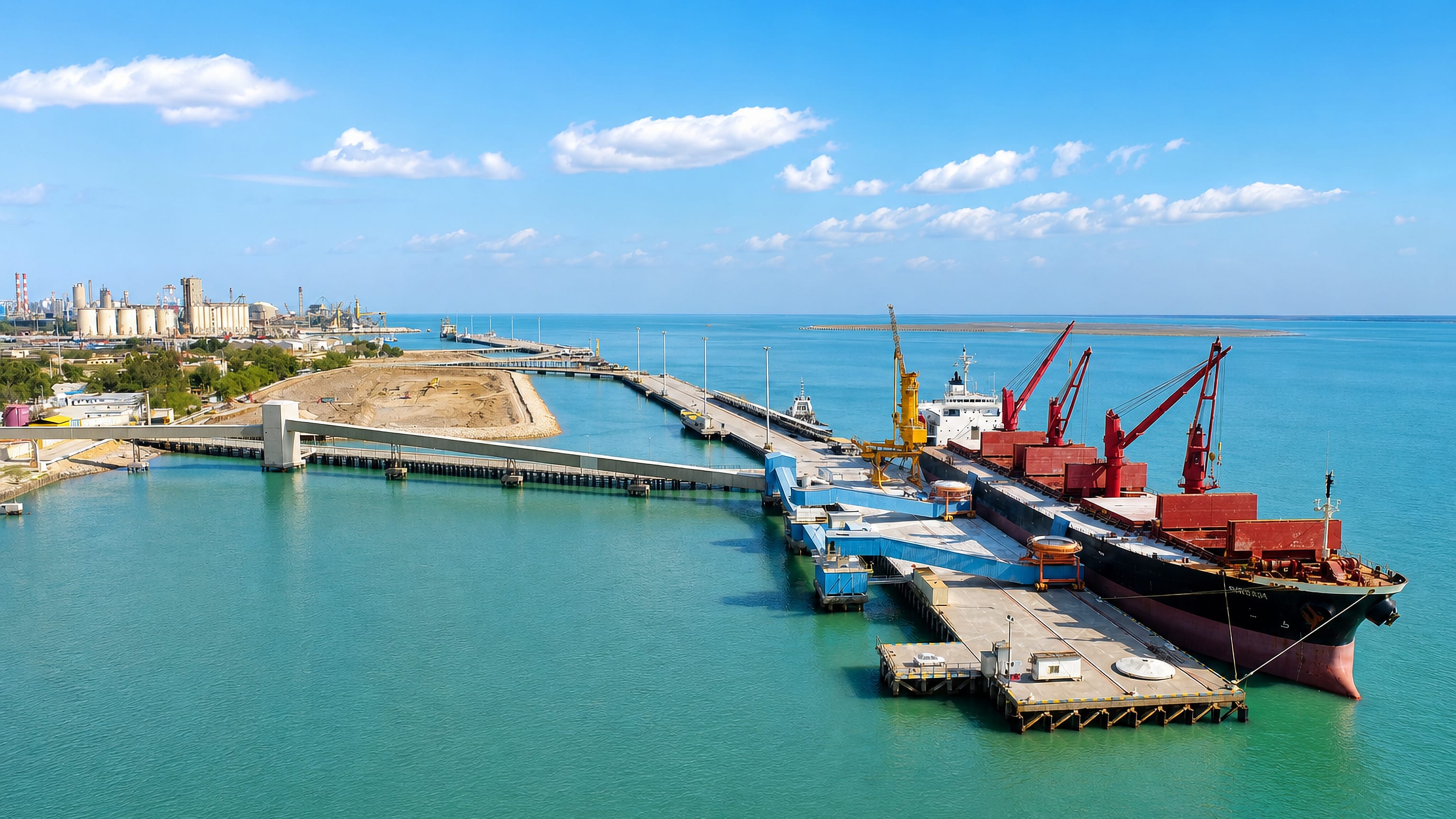 Bulk carrier at the quay of the Persian Gulf port of Bandar-e Emam Khomeyni, Iran, with petrochemical works beyond.