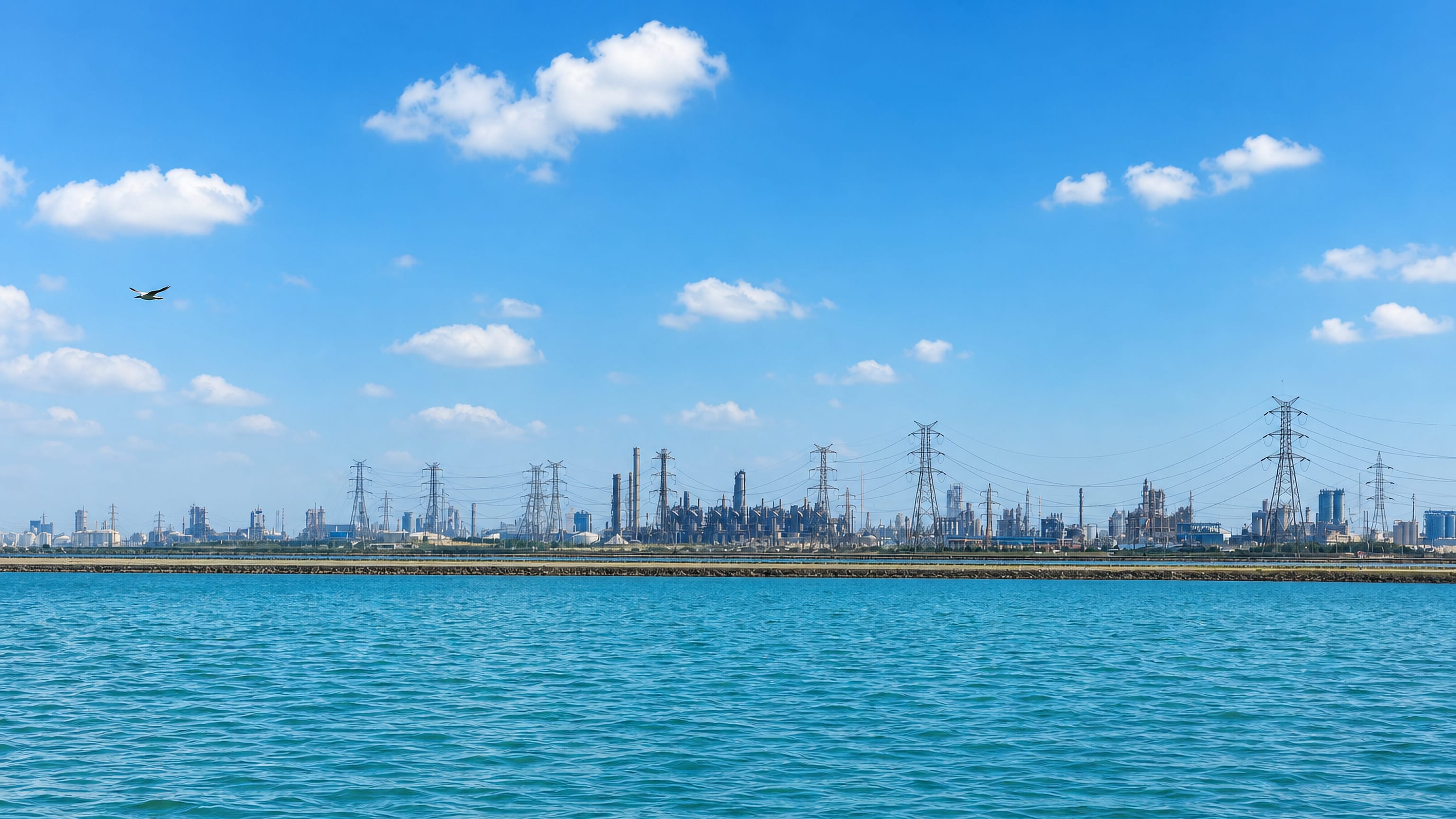 Petrochemical plants and power pylons line the waterfront at Bandar-e Mahshahr on Iran's Persian Gulf coast.