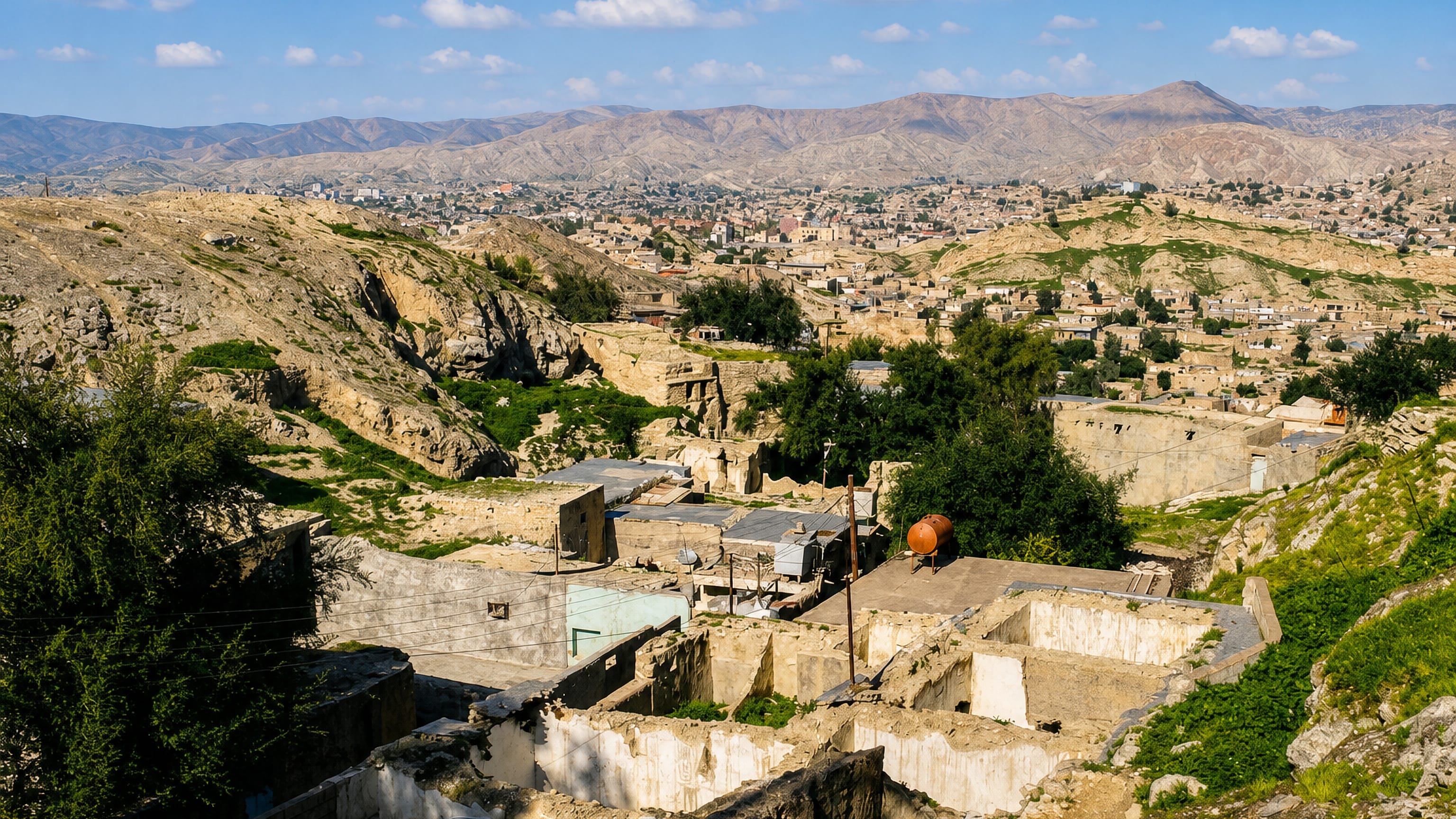 Masjed Soleyman climbing the eroded Zagros foothills of Khuzestan under a bright sky.