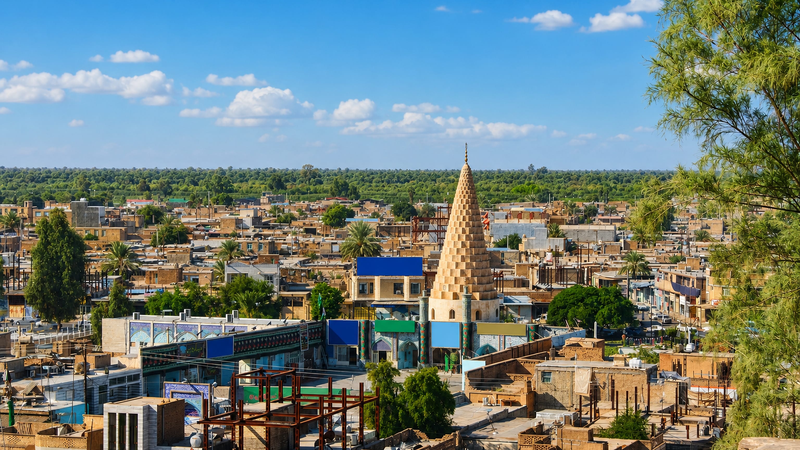 The conical spire of the Tomb of Daniel rises above brick rooftops and palms in Shush, Iran.