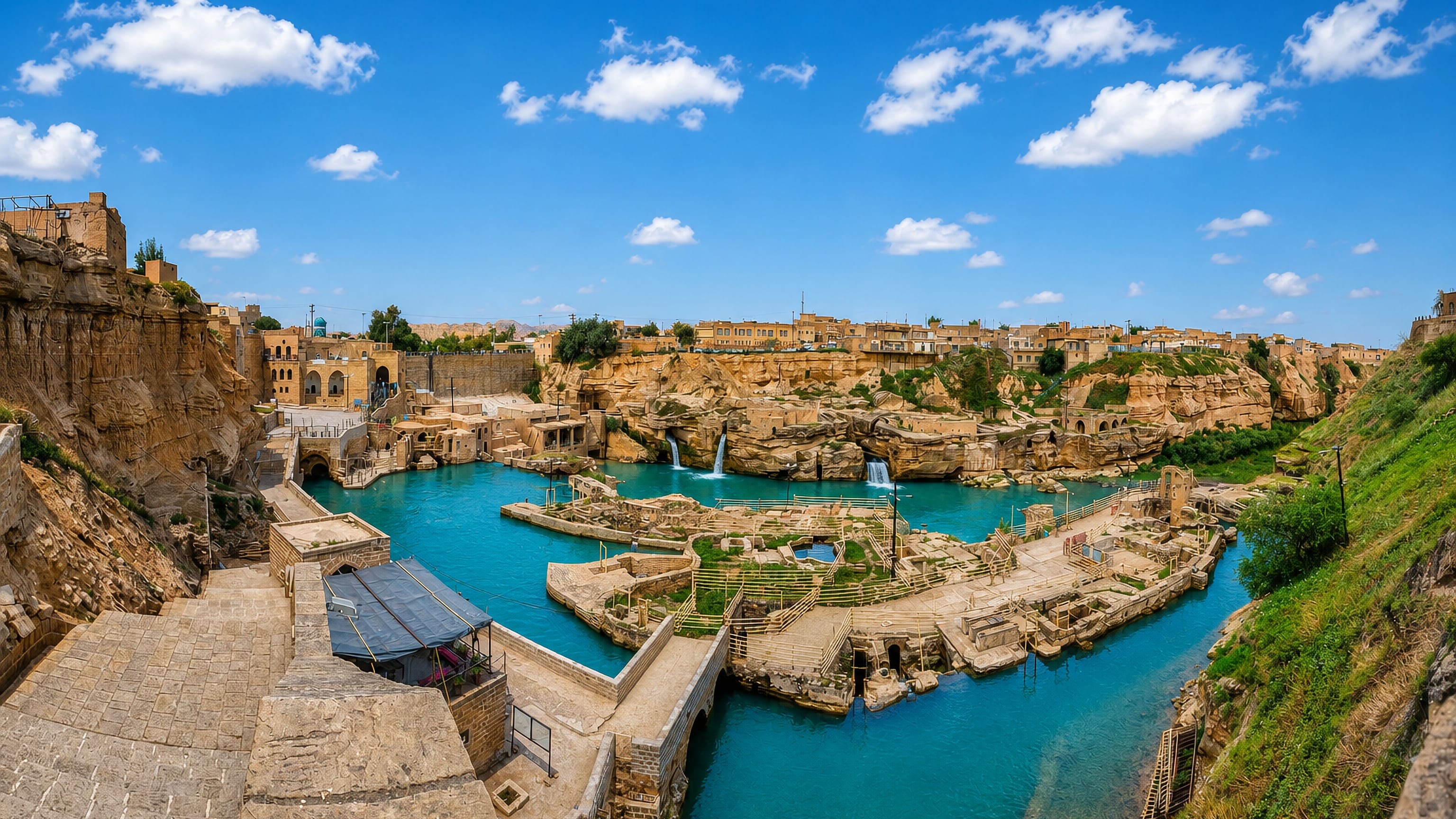 Turquoise channels and waterfalls of the Shushtar Historical Hydraulic System below the old town's cliff-top houses, Iran.