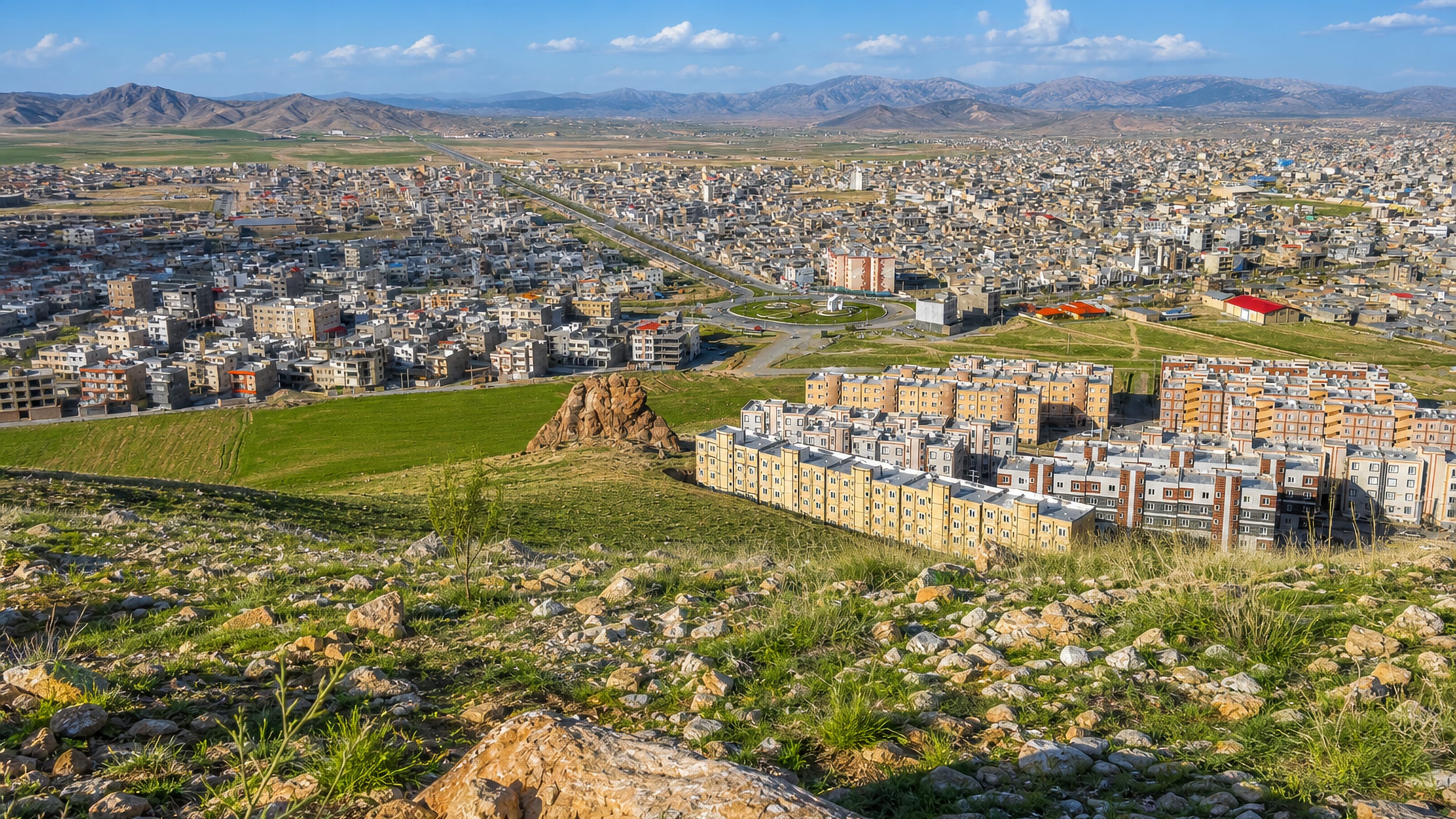 Qorveh's sprawling houses and new apartment rows on a Kurdistan plain, seen from a rocky ridge.