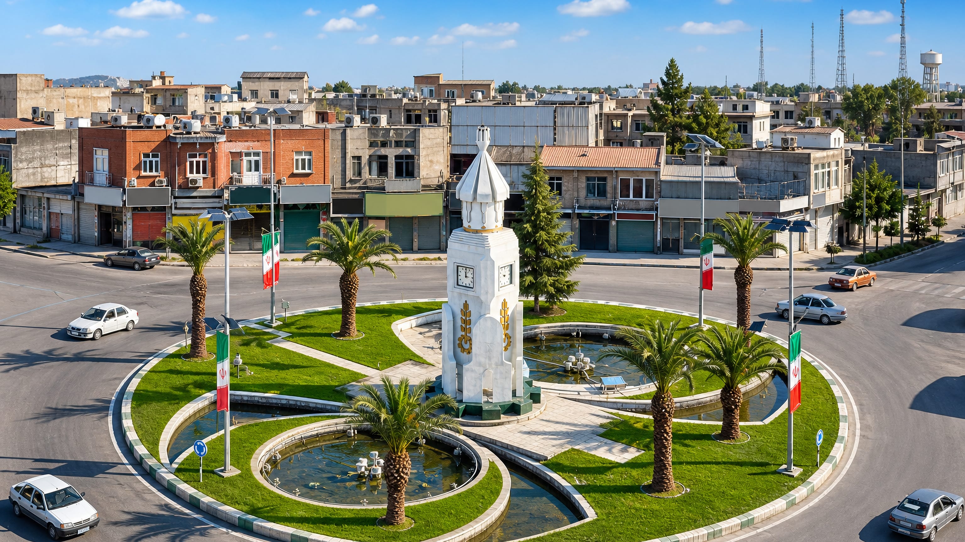 Clock-tower roundabout with palms, fountains and Iranian flags in the centre of Qa'em Shahr, Mazandaran.