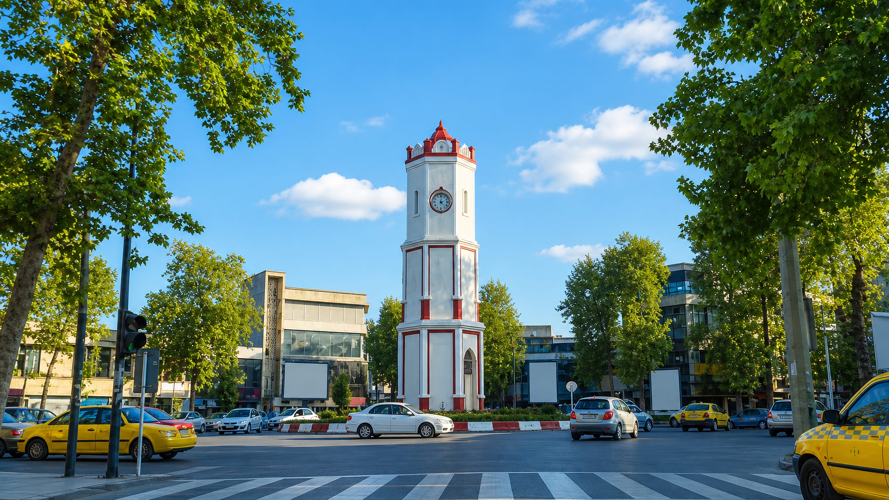 The white and red clock tower on Sari's central square, ringed by plane trees and yellow taxis