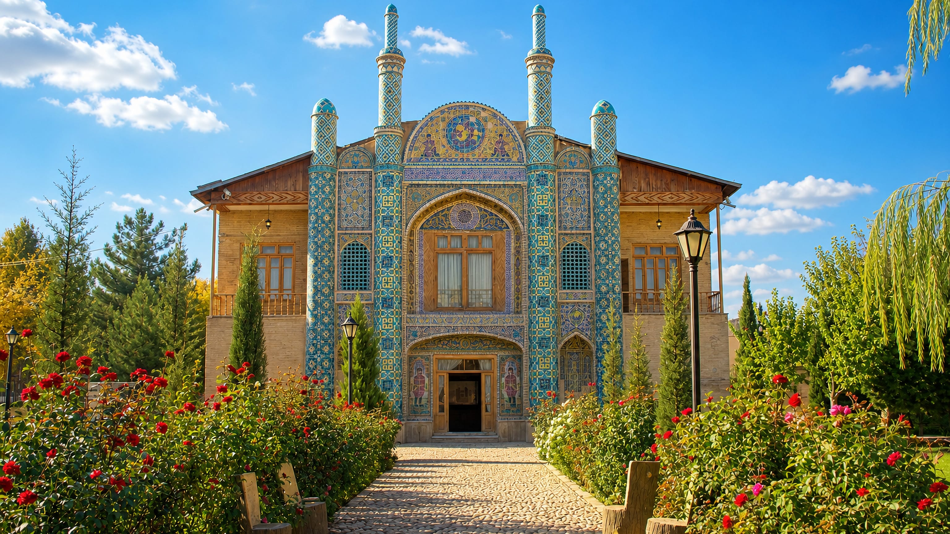 The tiled Qajar-era Mofakham mansion behind rose gardens and a cobbled path in Bojnurd, Iran.