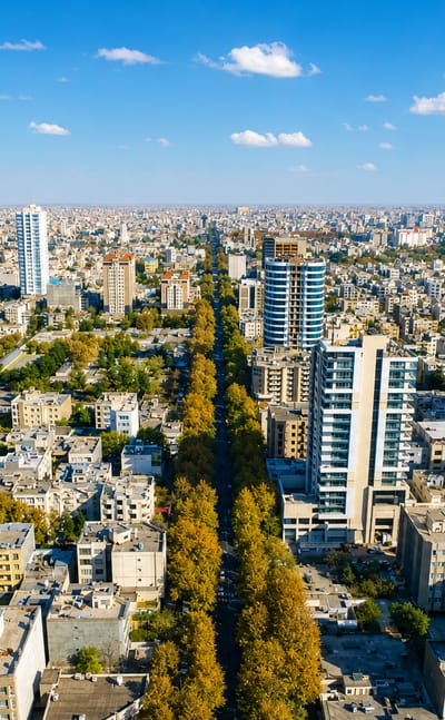 Aerial of Mashhad's sprawling mid-rise city and a tree-lined boulevard under a clear sky.