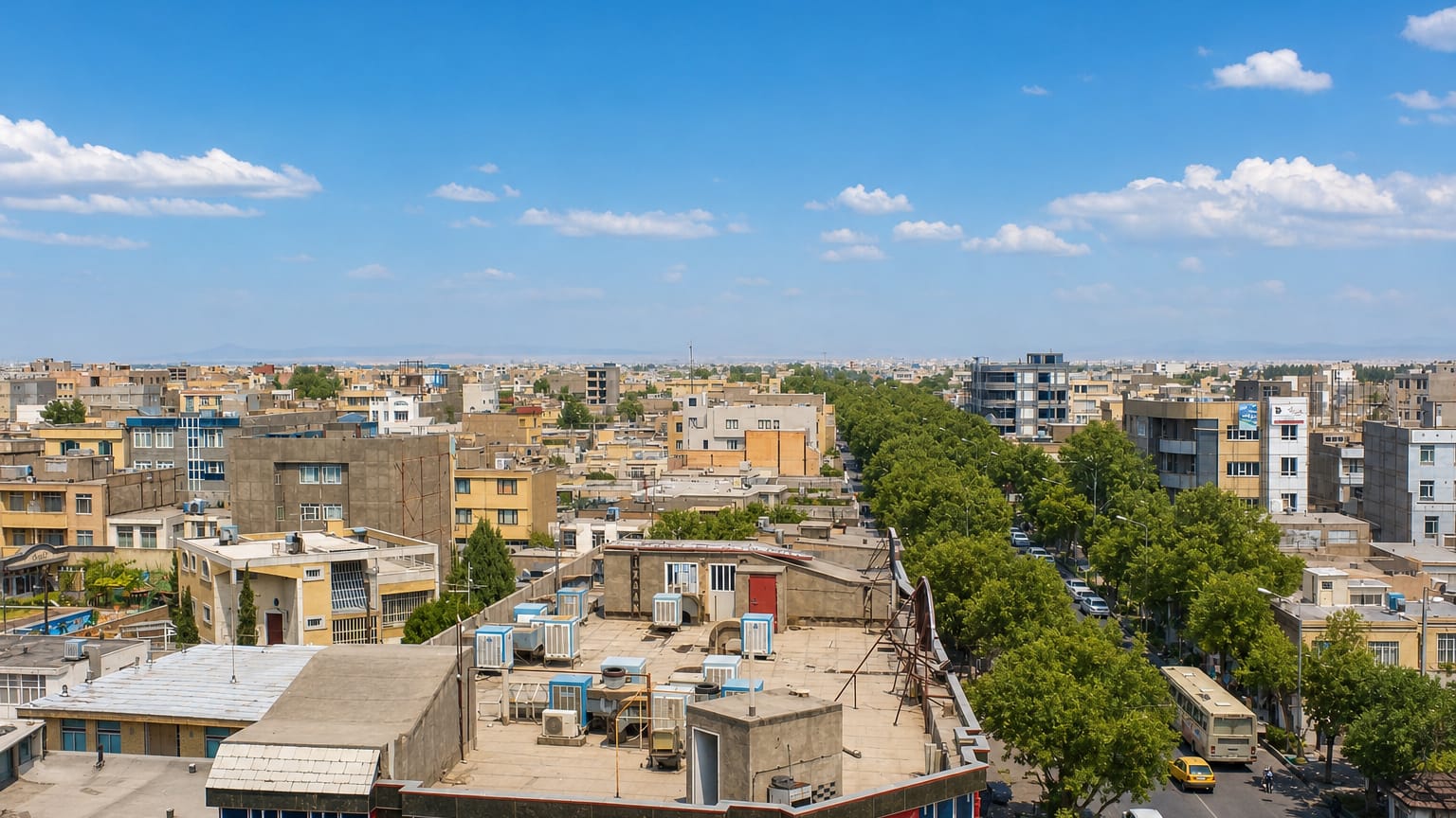 Rooftop view across Neyshabur's low-rise sunlit buildings toward a tree-lined boulevard under a clear blue sky