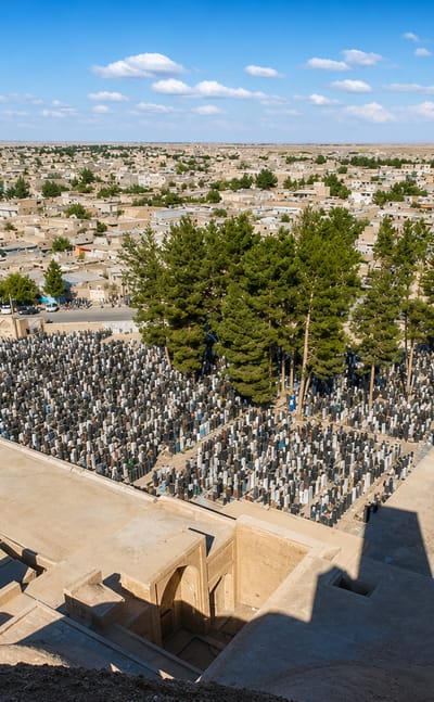 View from the brick shrine complex over the cemetery and low desert town of Torbat-e Jam, Iran.