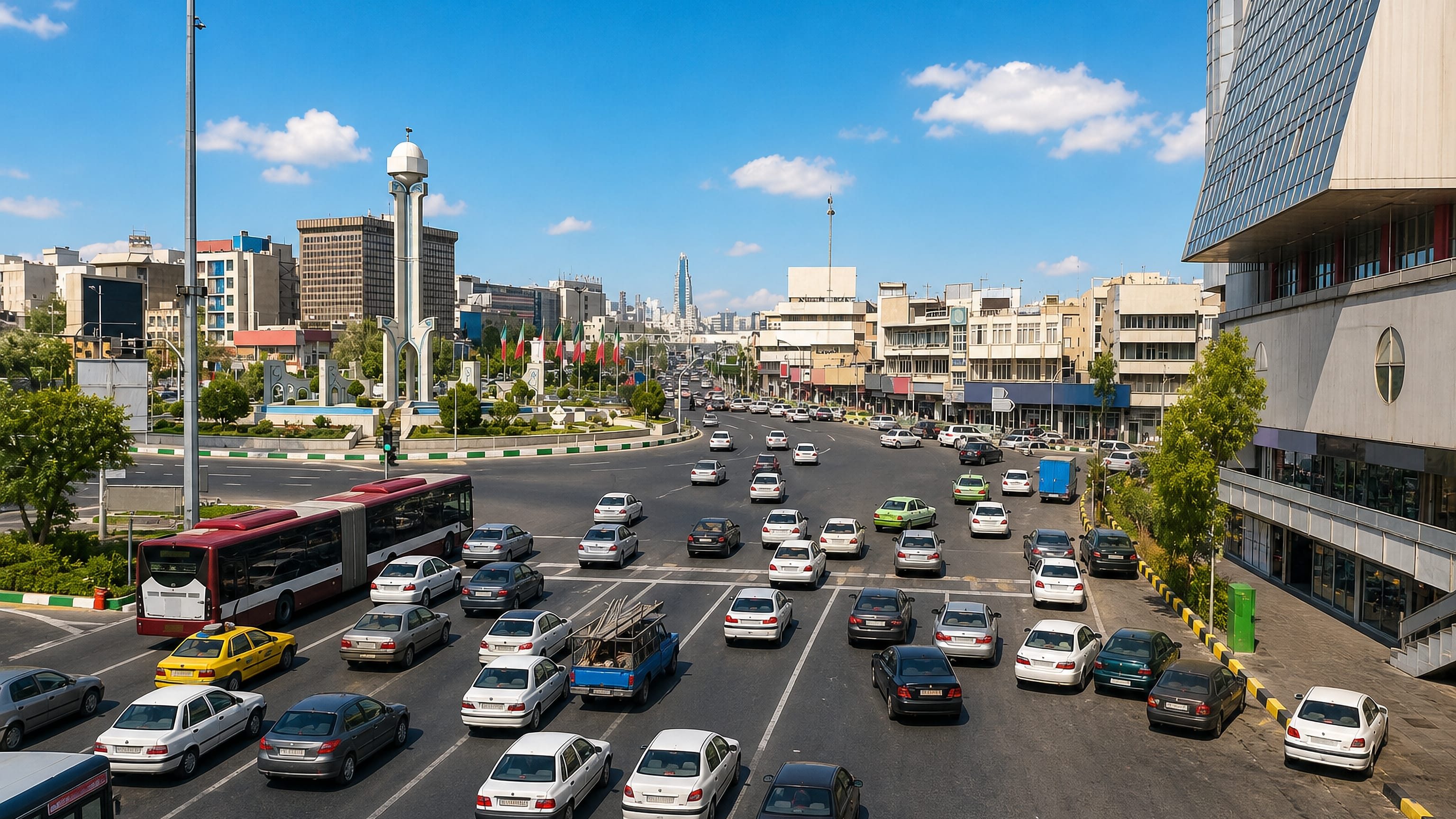 Traffic crossing Sadeghiyeh Square in western Tehran, with a domed monument, Iranian flags and Milad Tower beyond.