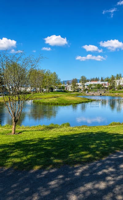 Grassy park with a still pond and low-rise housing beyond in Breiðholt, a suburb of Reykjavík, Iceland.