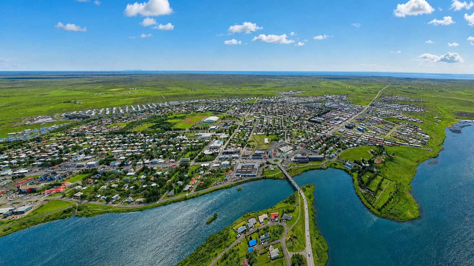 Aerial view of Selfoss, Iceland, a low-rise town along the wide Ölfusá river and bridge in South Iceland's green lowlands