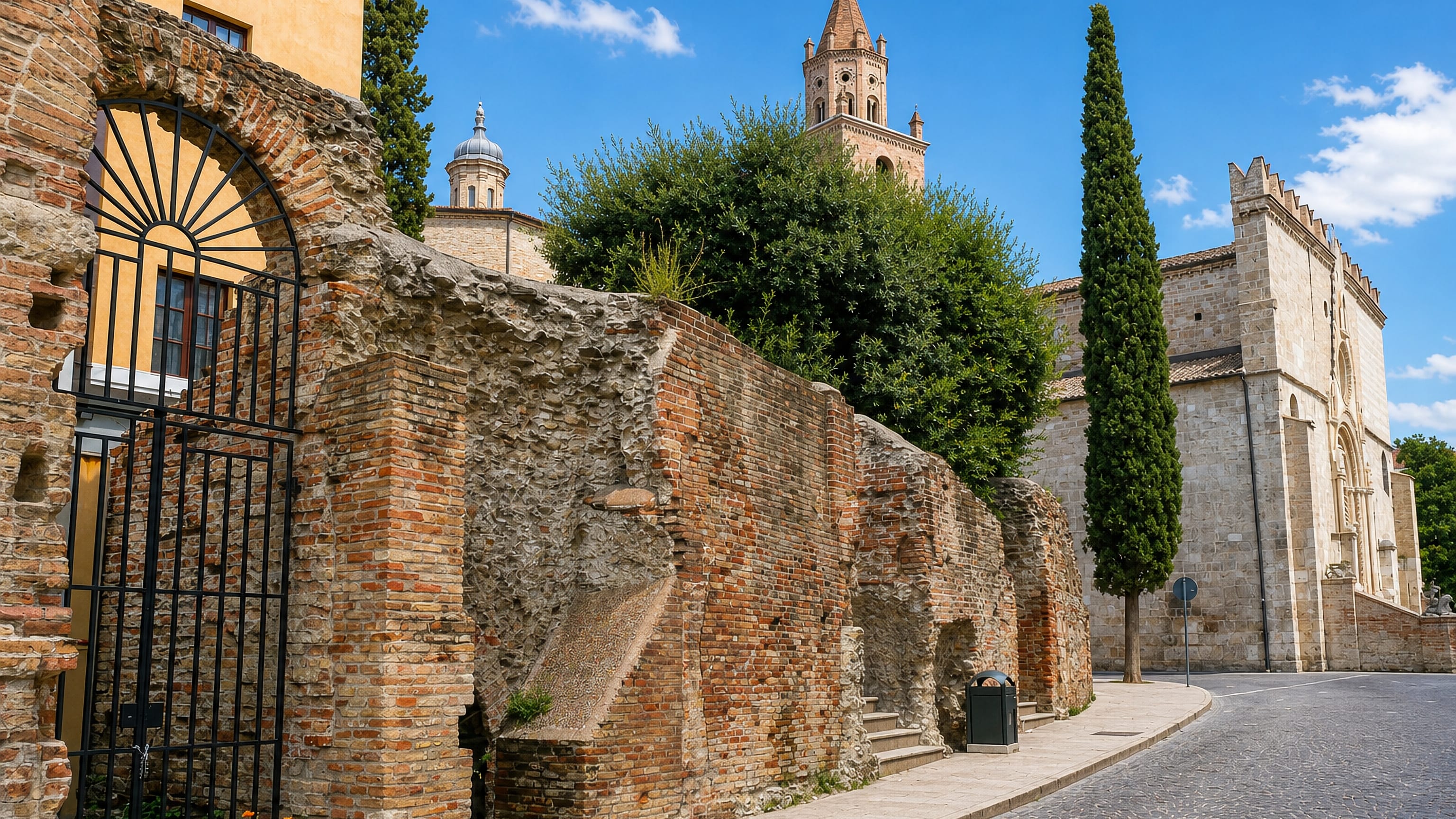 Teramo's cathedral bell tower rising above Roman ruins and a cobbled street in Abruzzo, Italy.