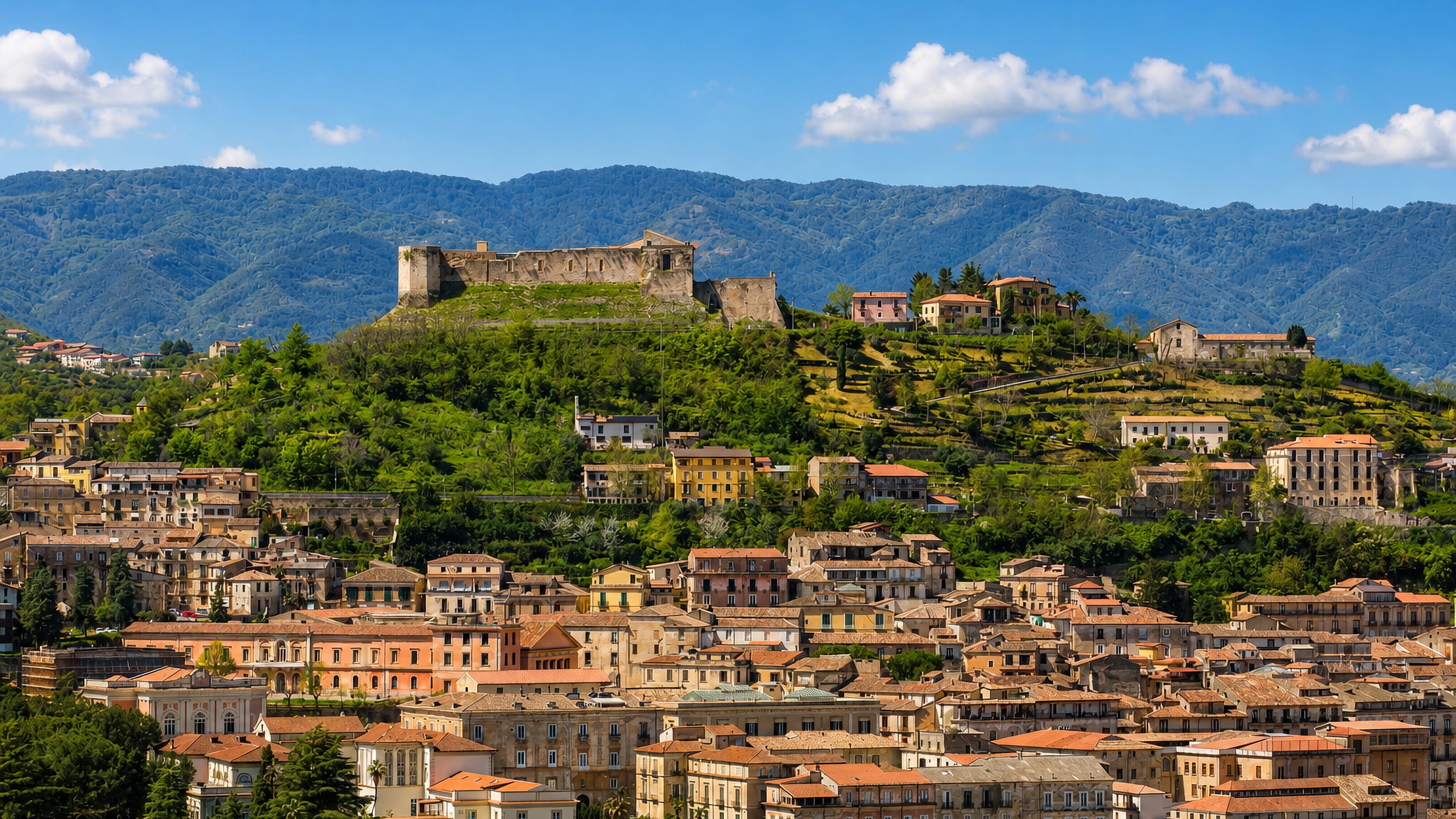 Cosenza's Norman-Swabian castle on its hilltop above the terracotta rooftops of the old town and wooded Calabrian hills.