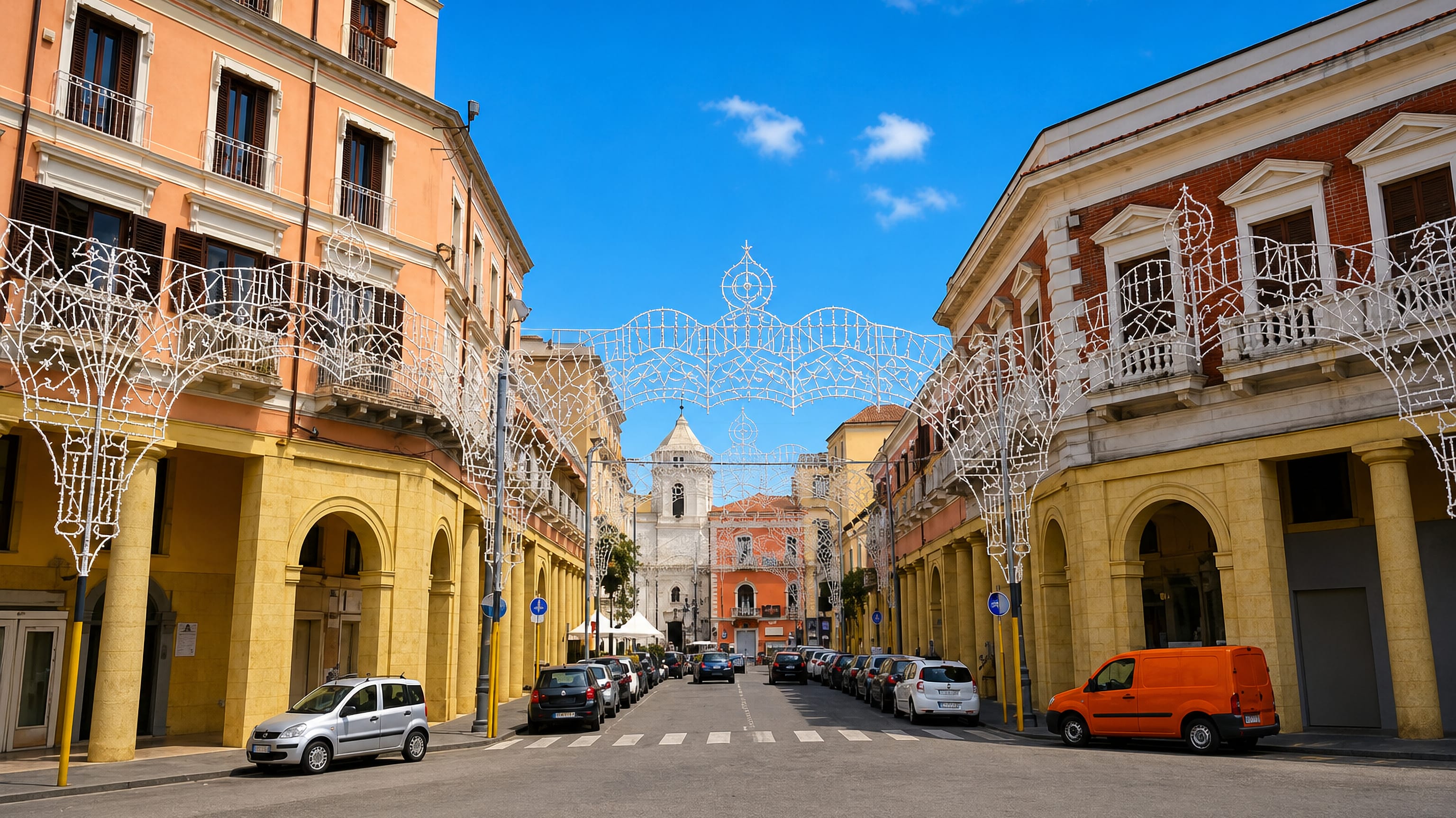 Arcaded street in central Crotone, Italy, hung with white festival light arches and ending at a domed bell tower.