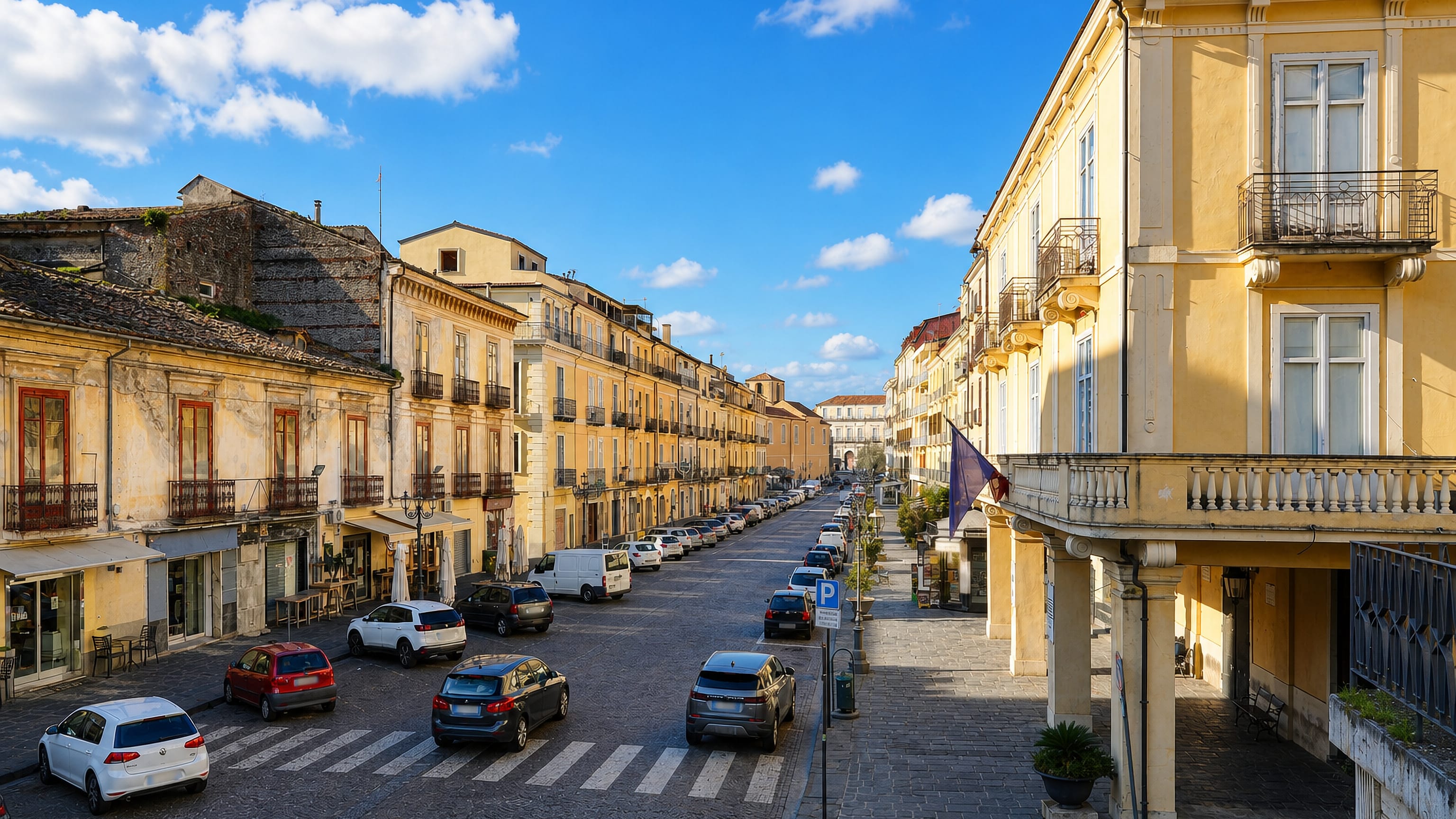 Ochre palazzi and balconies lining the main corso of Nicastro in Lamezia Terme, Calabria.