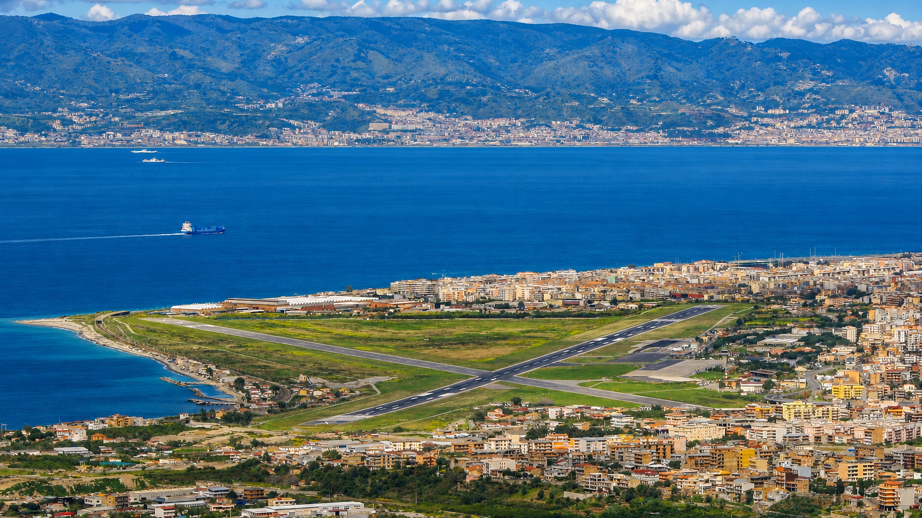 Reggio Calabria's coastal airport and suburbs along the Strait of Messina with Sicily beyond.
