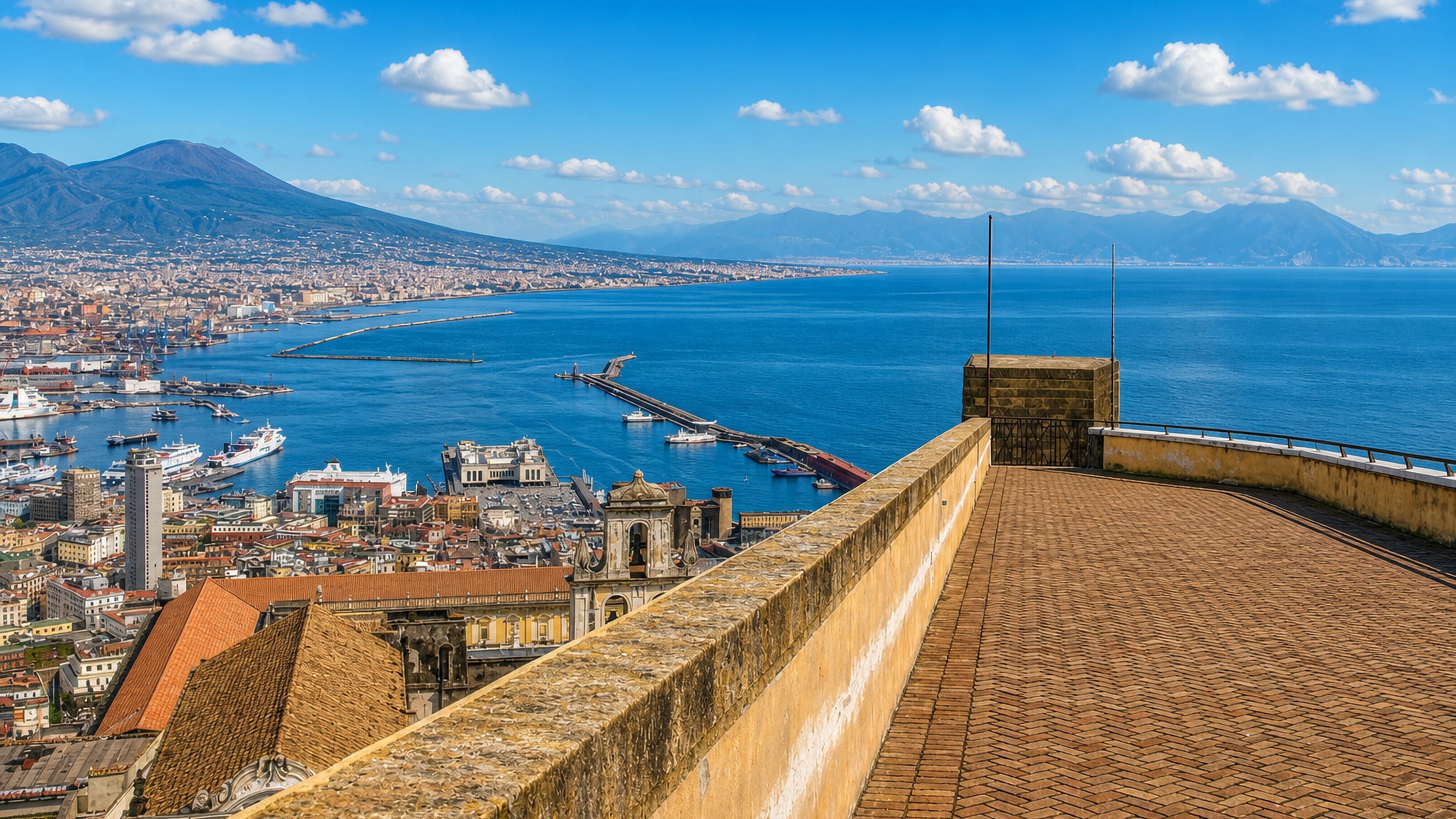 View from a hilltop terrace in Vomero over Naples' harbour and the Bay of Naples with Mount Vesuvius