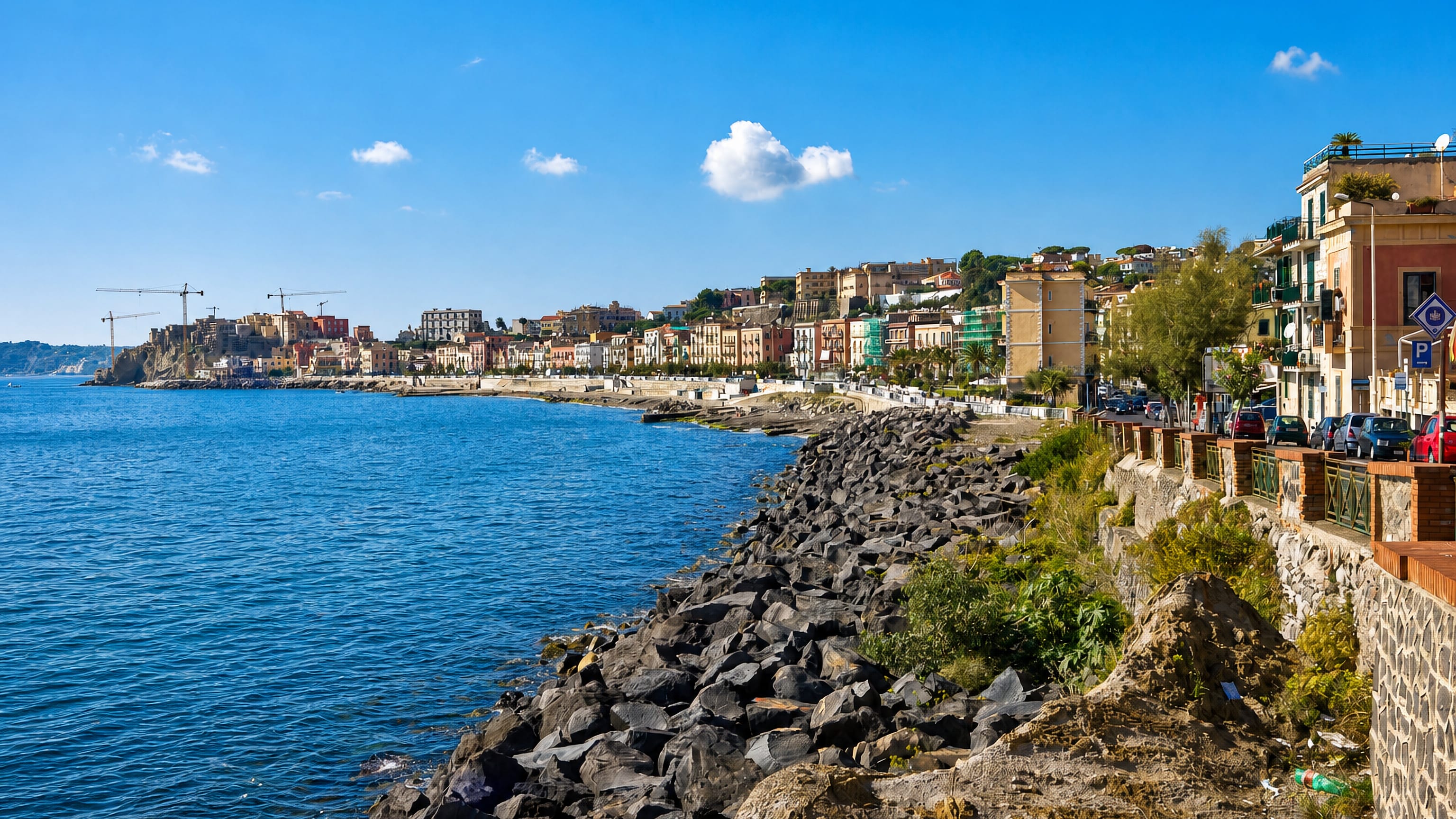 Pozzuoli's pastel seafront curving along the Gulf of Pozzuoli, with a rocky breakwater below the coastal promenade.