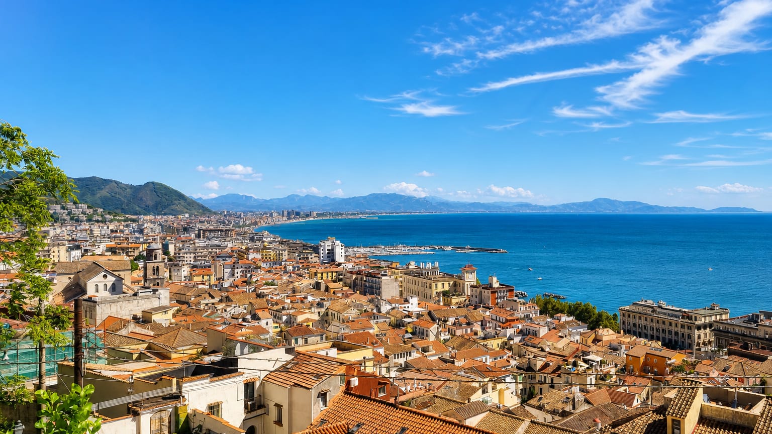 Terracotta rooftops of Salerno descending to the Gulf of Salerno with coastal mountains under a clear sky
