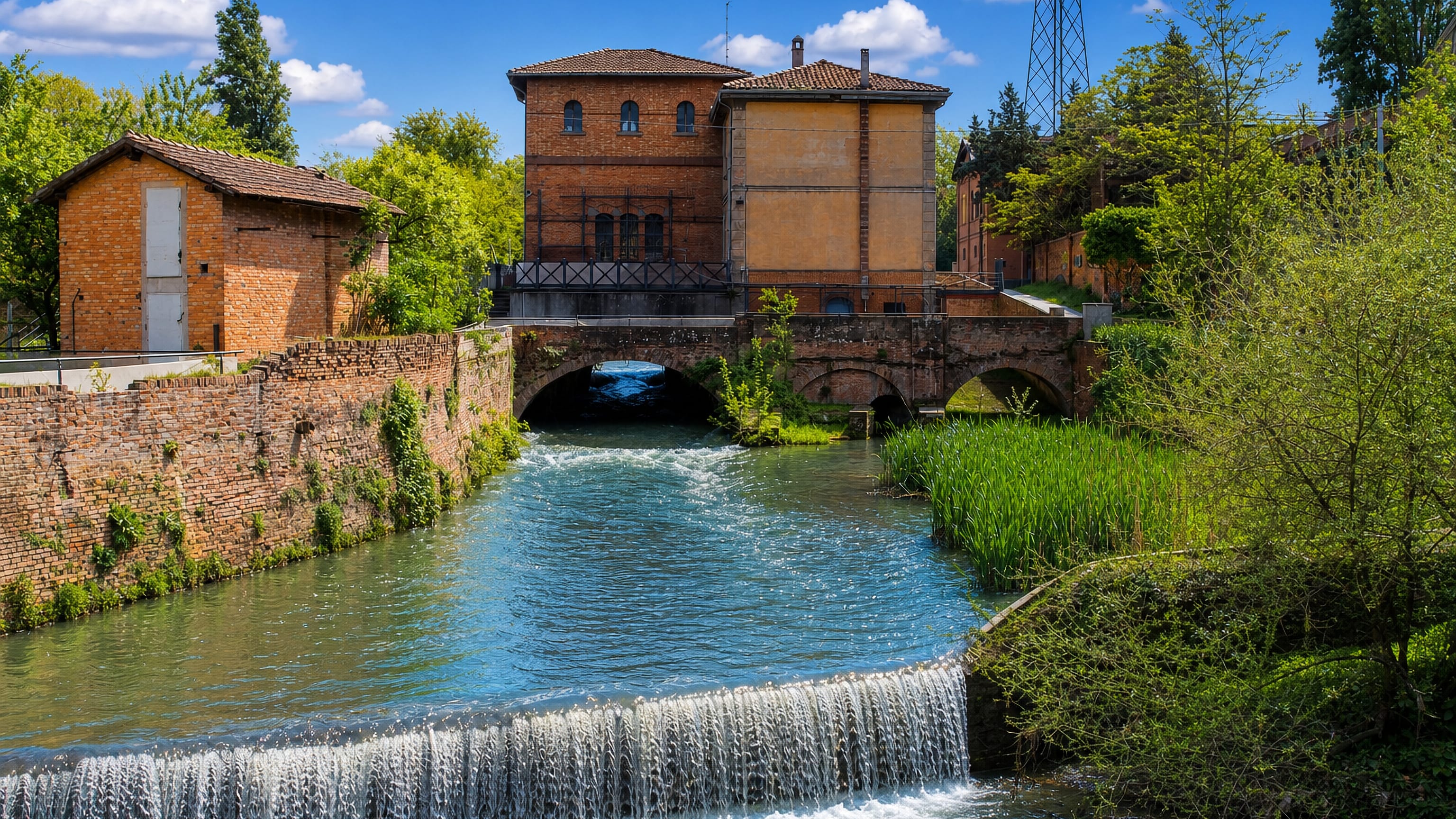 Brick lock house and weir on the Canale Navile in Bologna's Navile district, framed by green banks.