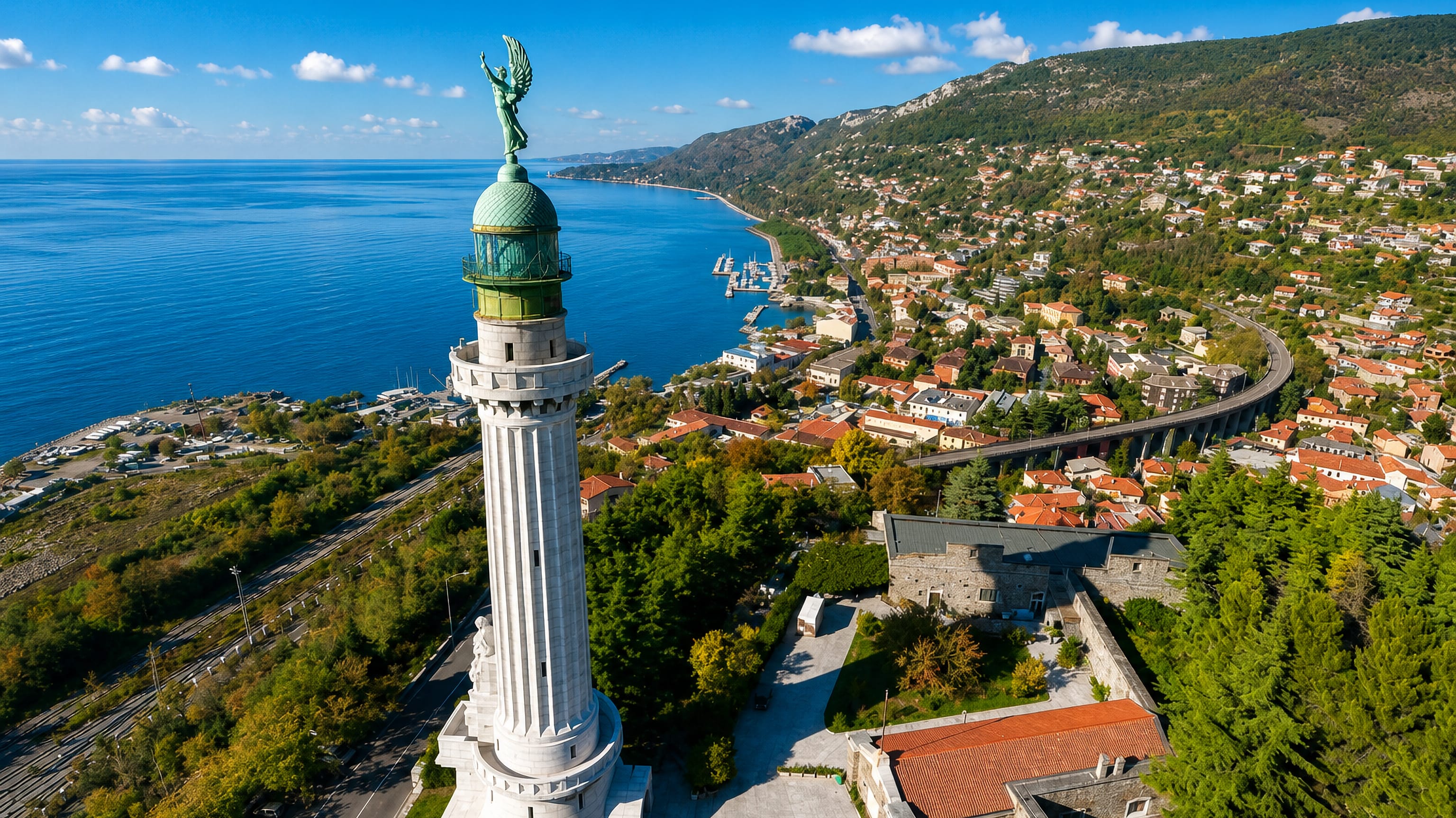 The Victory Lighthouse above Barcola in Trieste, overlooking the Gulf of Trieste and its red-roofed coastal houses